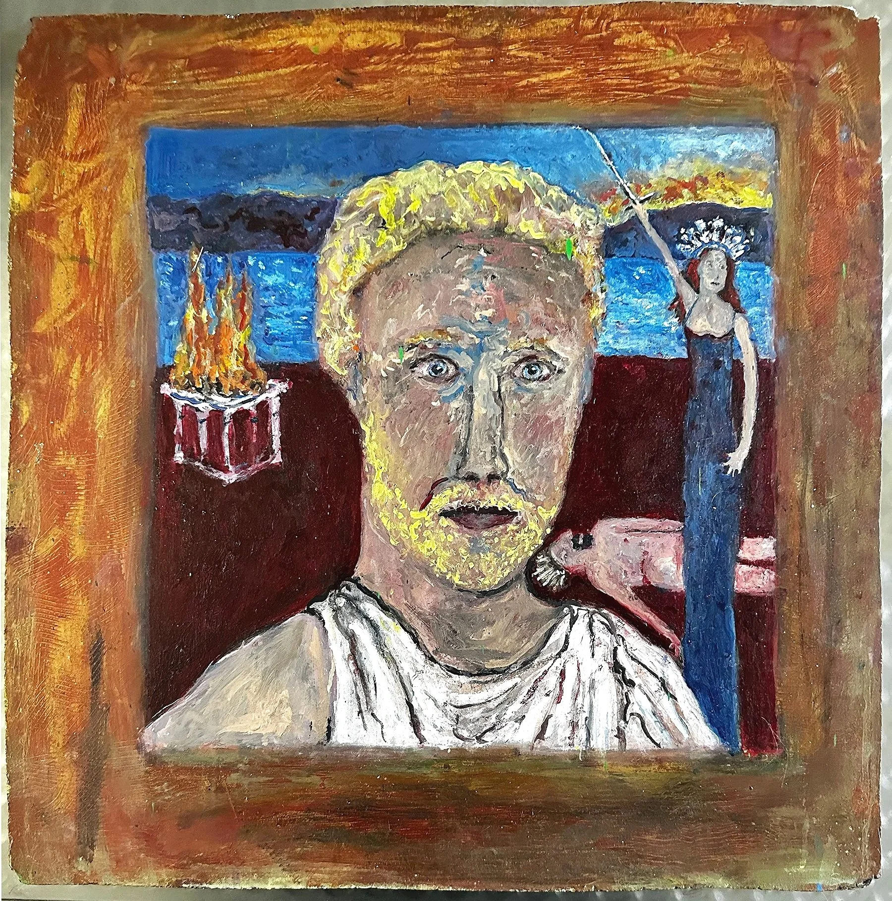 "Orestes with the Death of Agamemnon", oil on wood with painted border, 21 x 21 inches, 2024