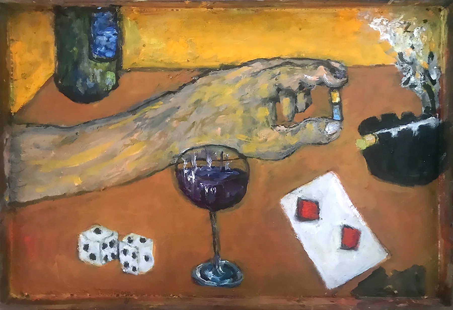"Sin Tray (Quarantino)", oil on vintage wood tray, 11 x 16 inches, 2021