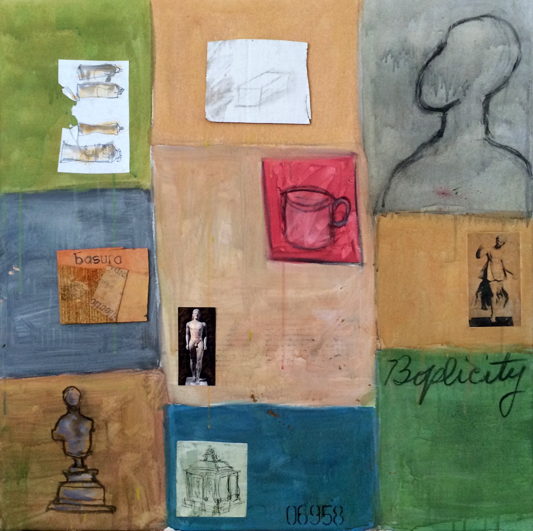 "Boplicity", oil/collage on canvas, 32 x 32 inches, 2015