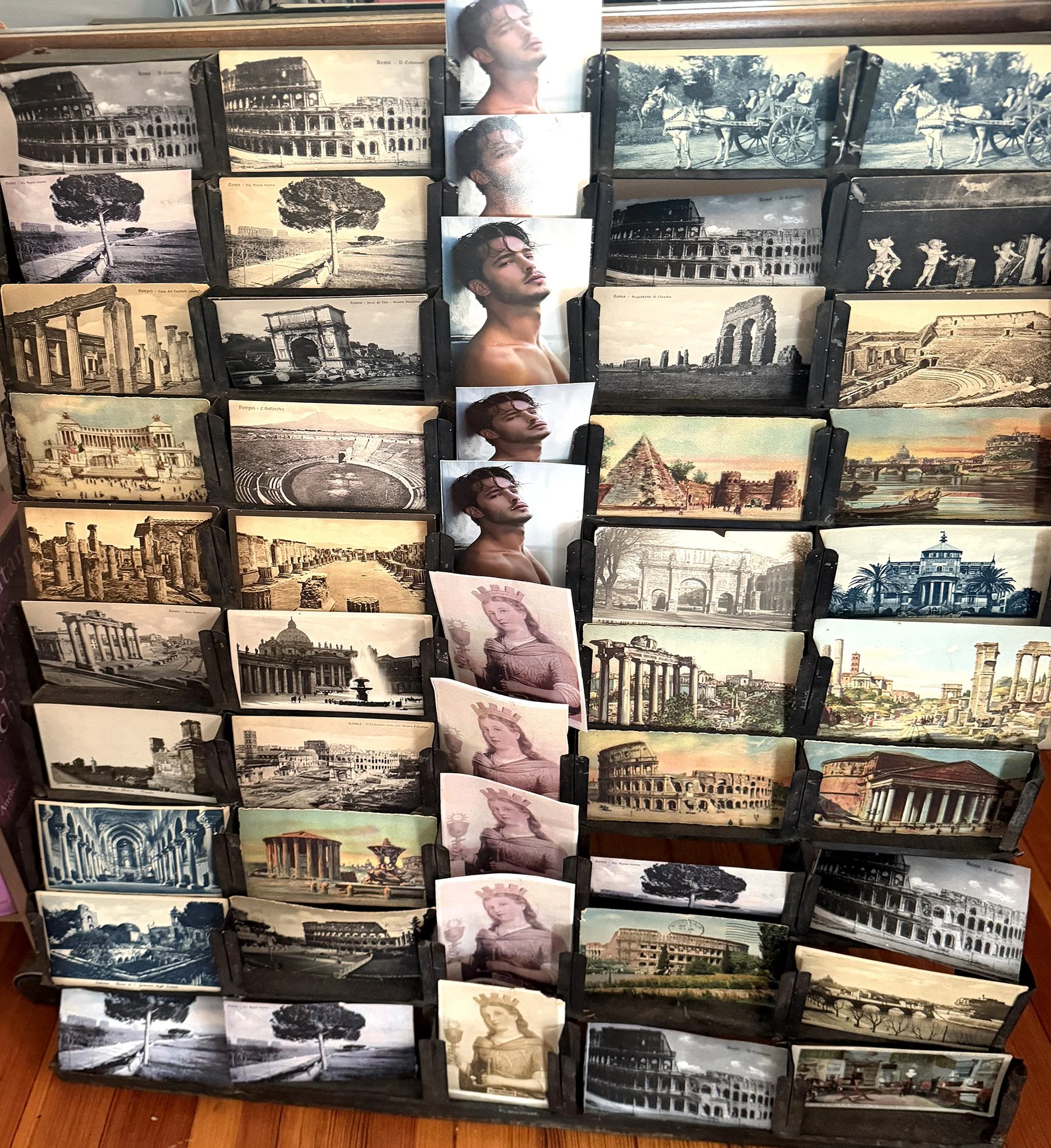 "Roman Holiday", installation on handmade vintage wood postcard rack, 33 x 27 inches, 2026