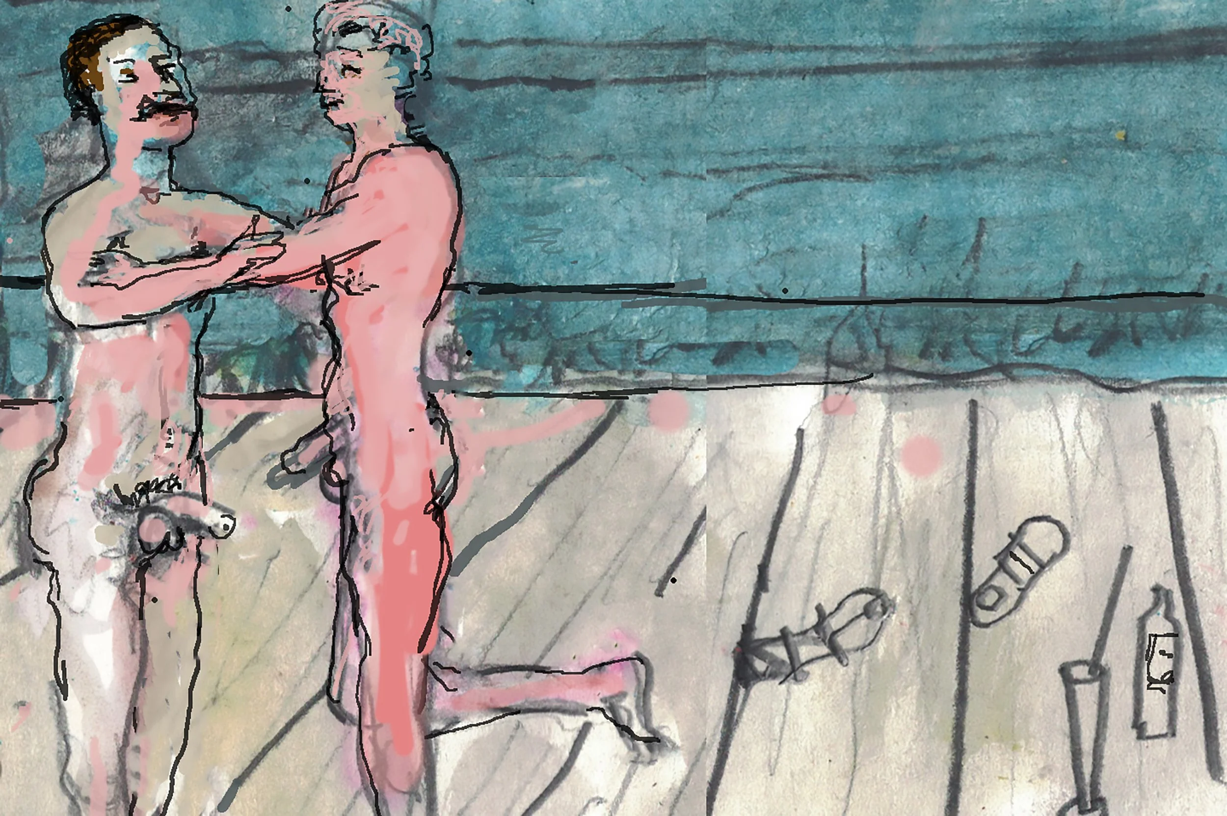 "Two men on deck", watercolor on paper, 4 x 5 inches, 2022
