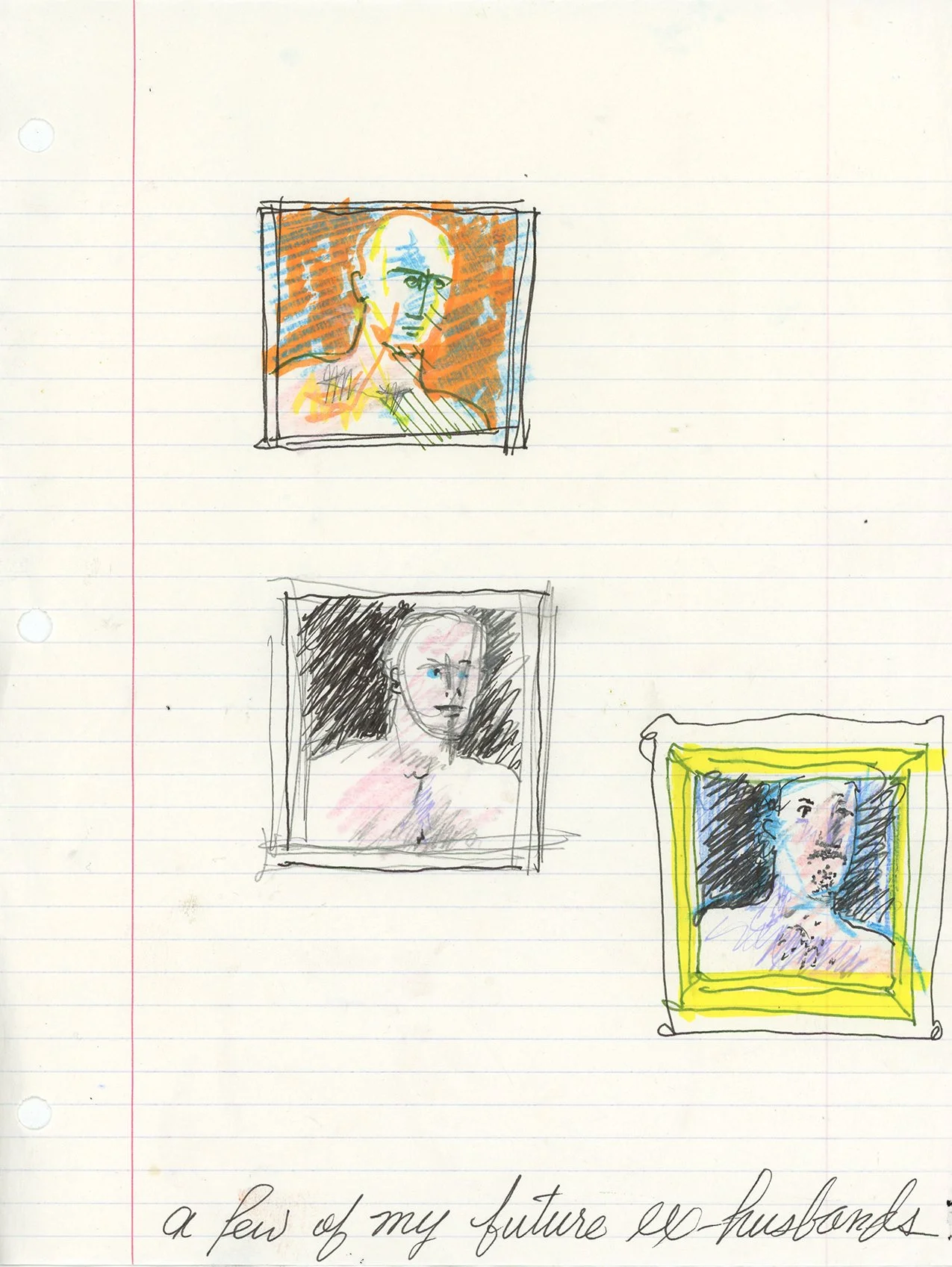 "Future Ex-husbands (detail)", mixed media on ruled paper, 10 x 8 inches, 2019