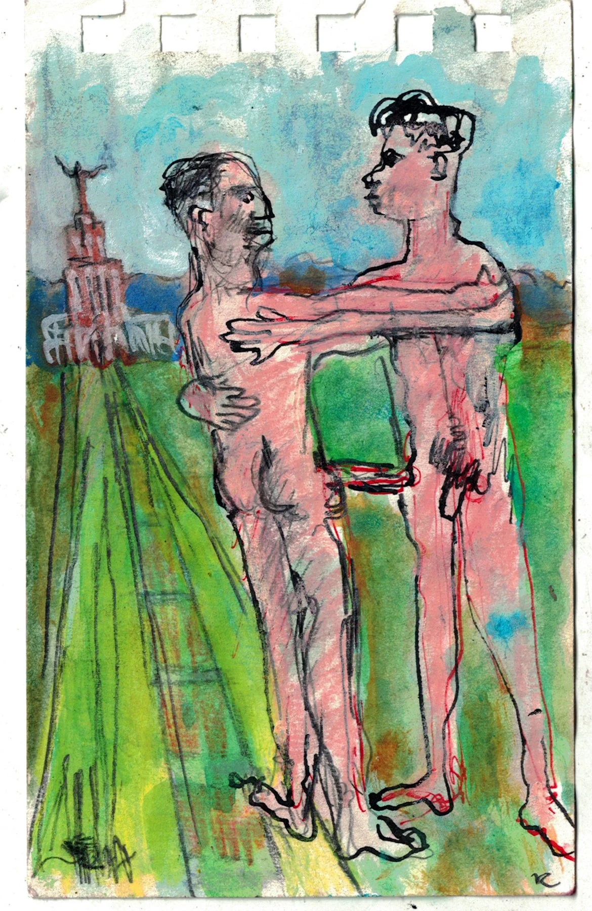 "Standing Nudes", mixed media on paper, 5 x 3 inches, 2021