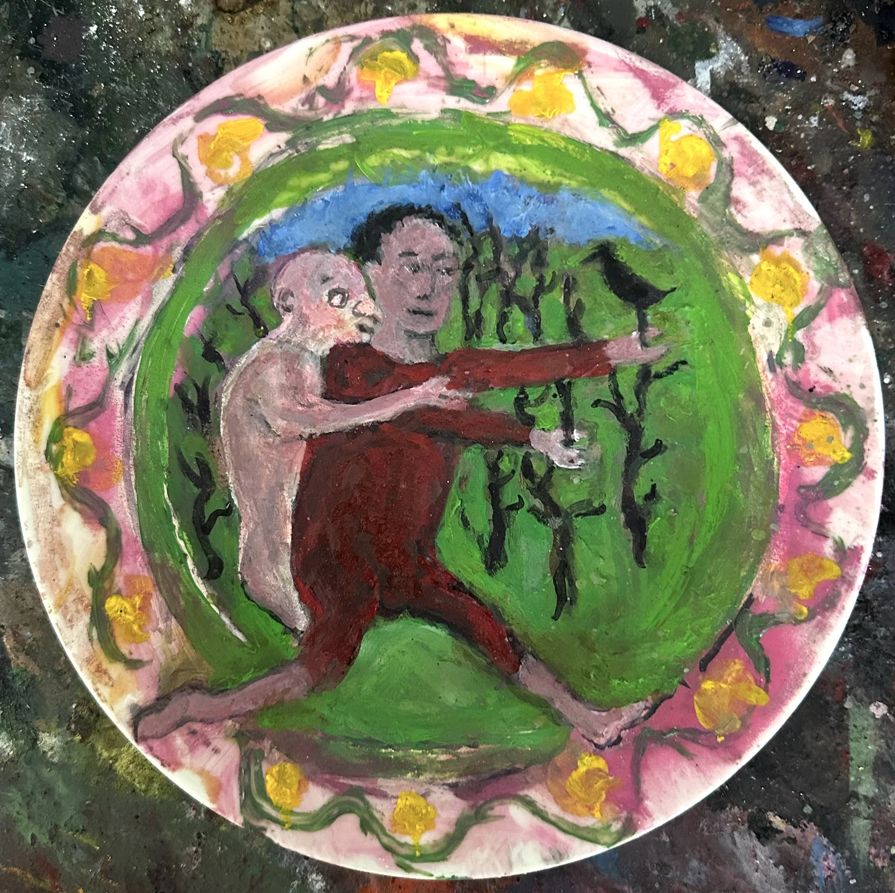 "Oiseleur (Bird Catcher)", oil on ceramic plate, 9 inches, 2023