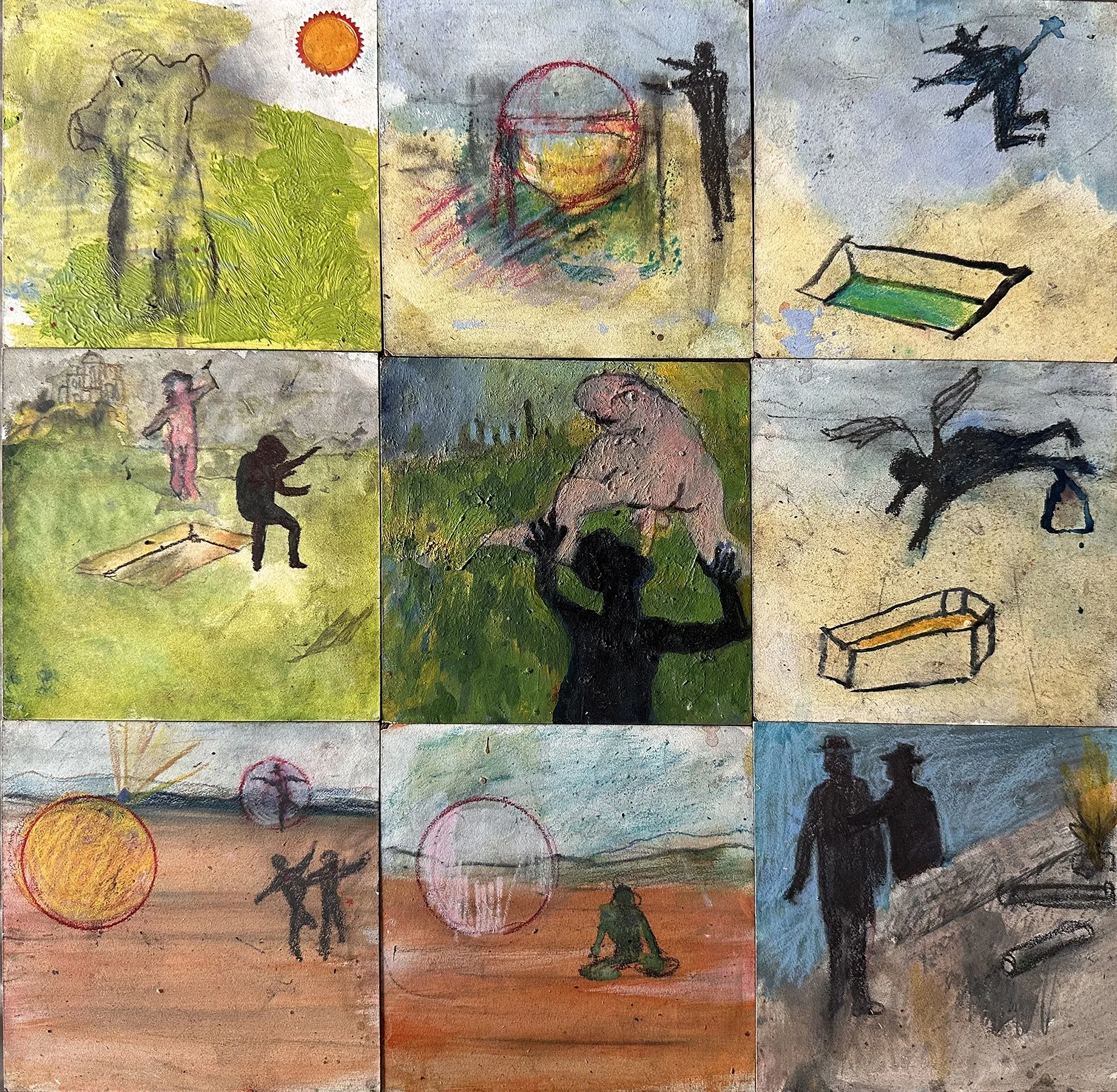"Spy vs Spy polyptych", mixed media on wood panels, 15 x 15 inches, 2023-2024
