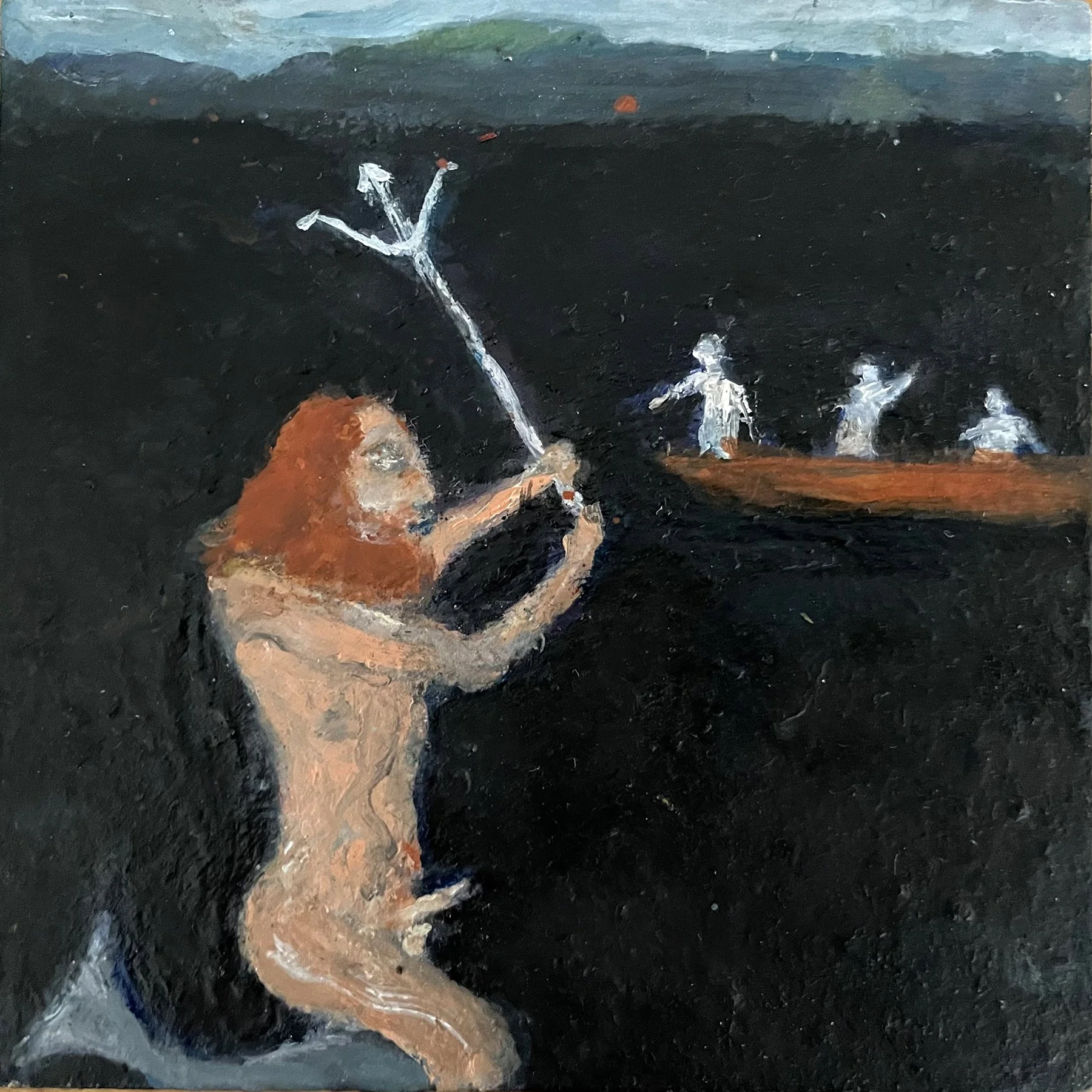 "Wrath of Poseidon", oil and gouache on board, 6 x 6 inches, 2022