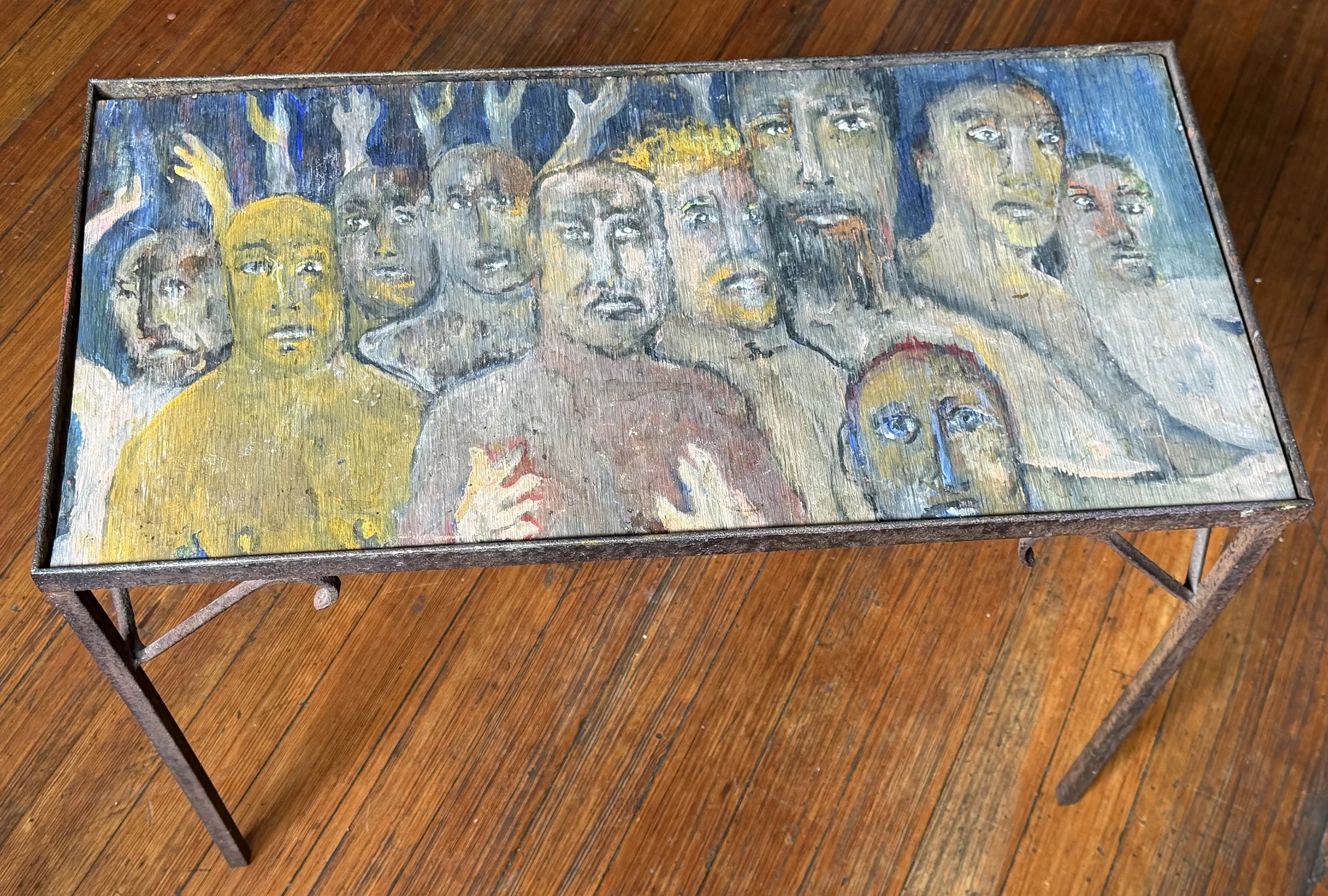"Tristi Fummo table", oil on plywood in found table base, 12 x 24 inches, 2025