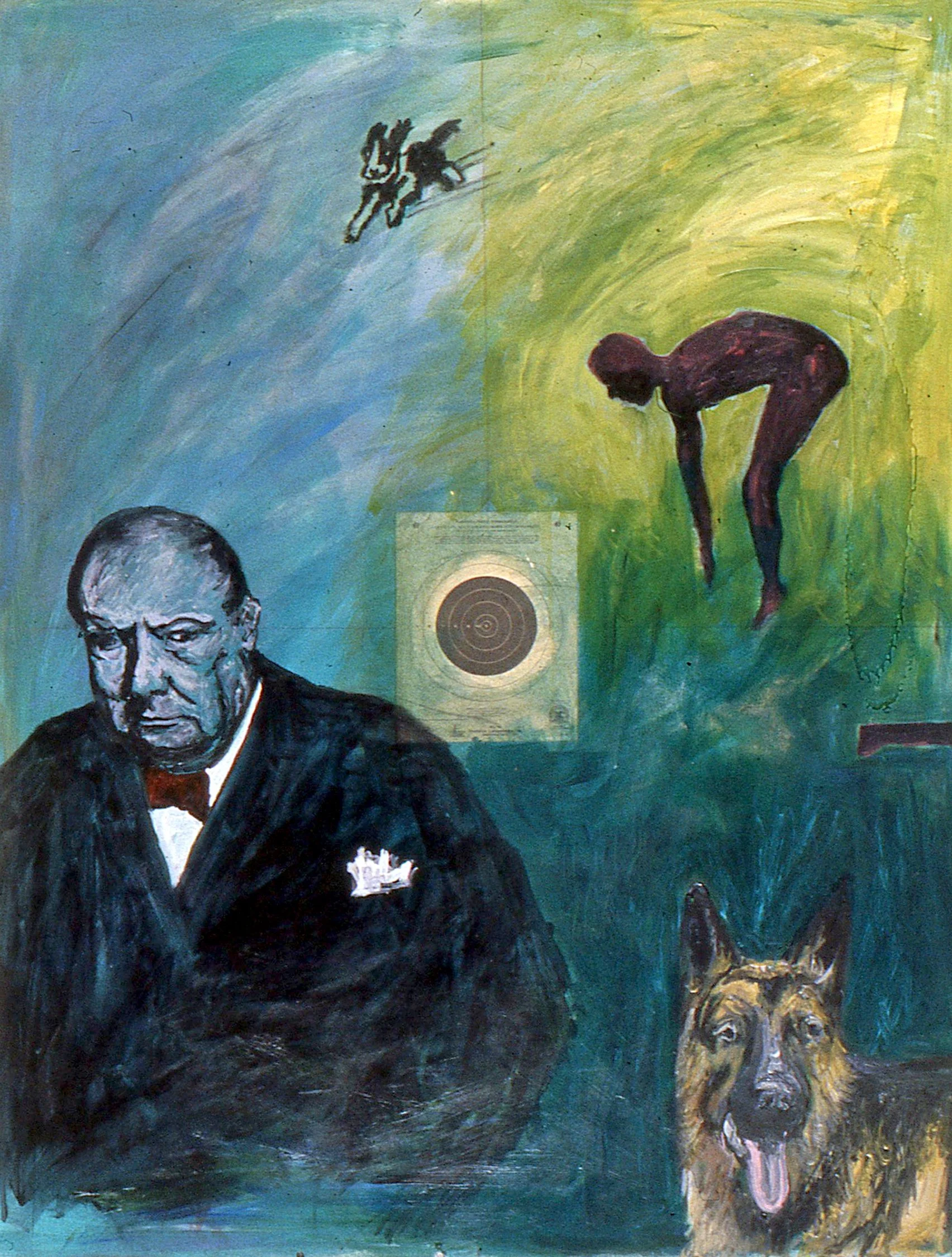 "Churchill et al", acrylic/collage on paper, 50 x 38 inches, 1994