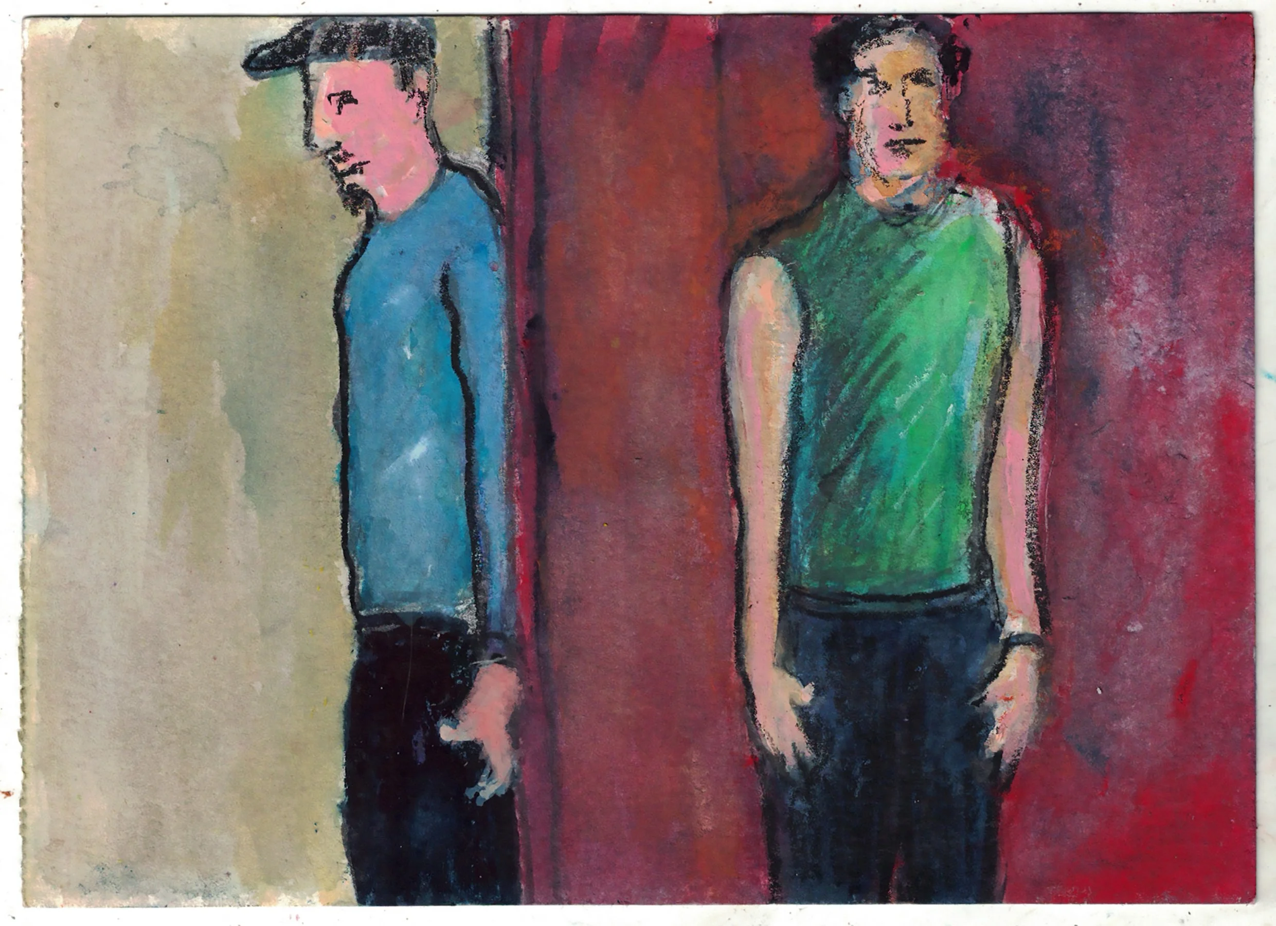 "Against the Wall", mixed media on paper, 4 x 5 inches, 2022
