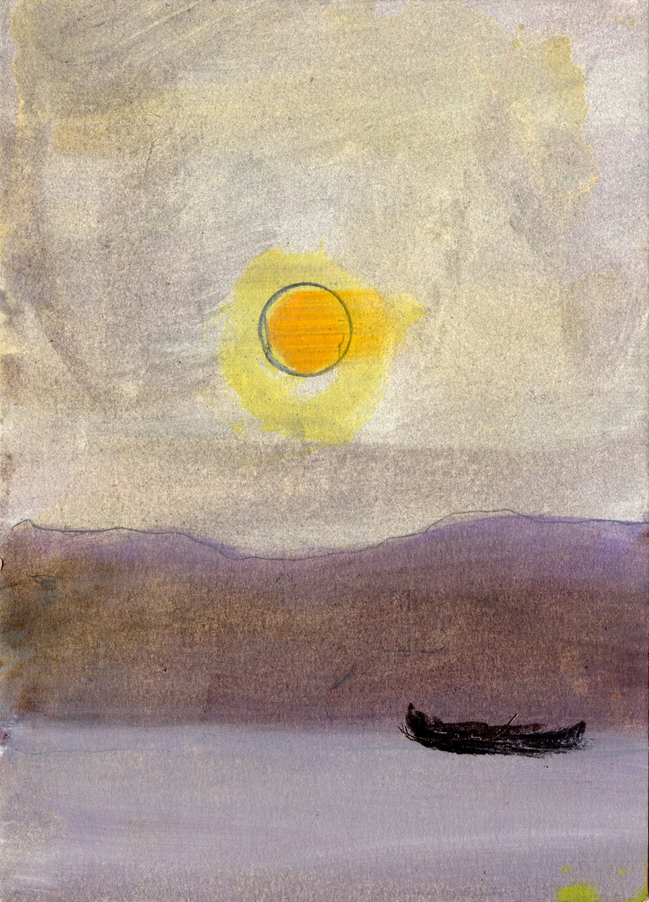 "Black Boat Adrift", mixed media on paper, 7 x 5 inches, 2019
