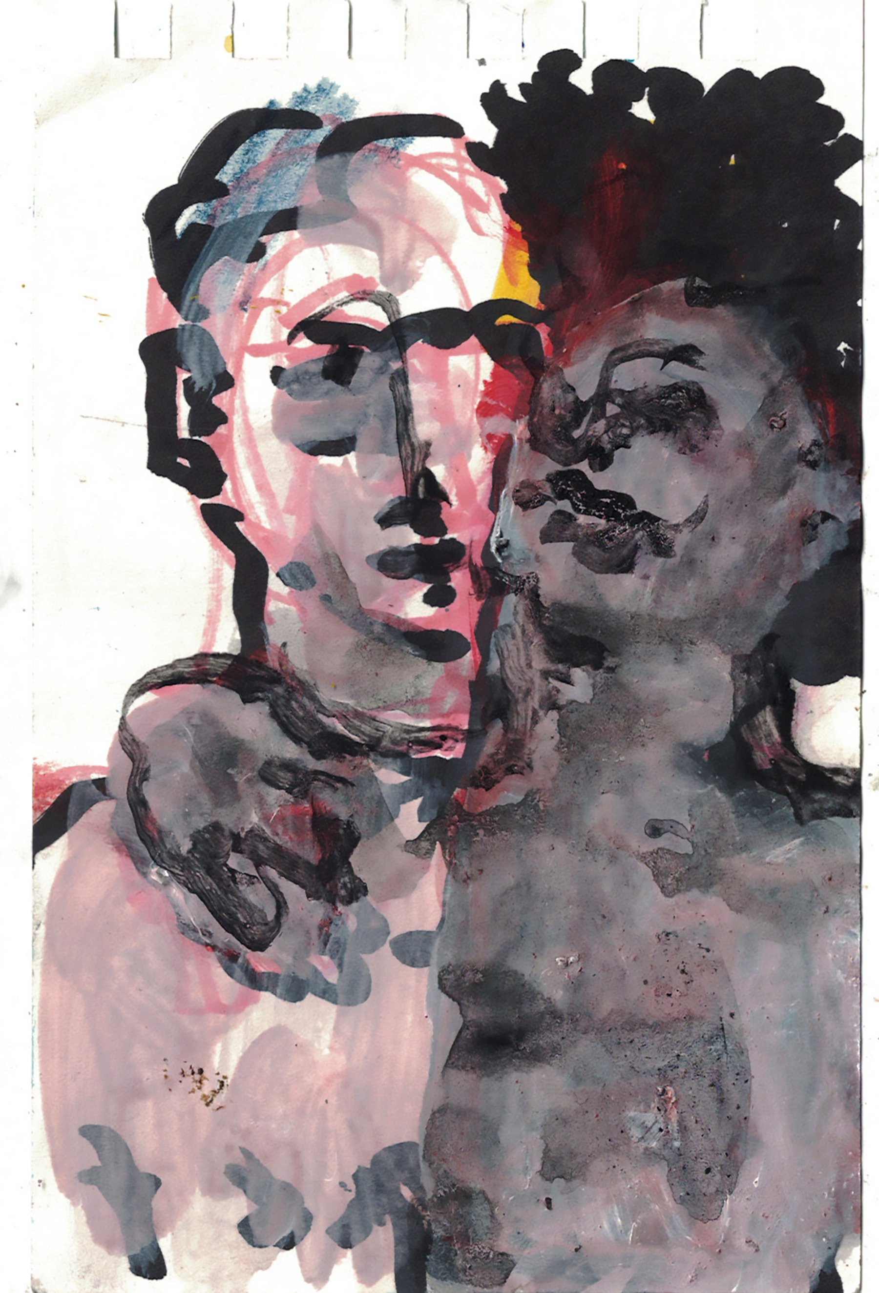 "Gay couple", mixed media on paper, 5 x 3 inches, 2024