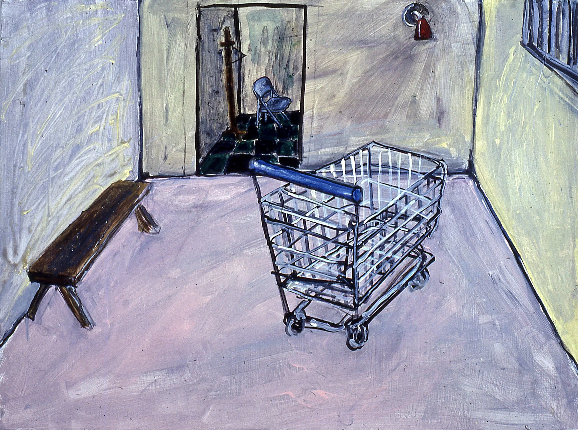 "Interior with Shopping Cart", acrylic on paper, 22 x 30 inches, 1984