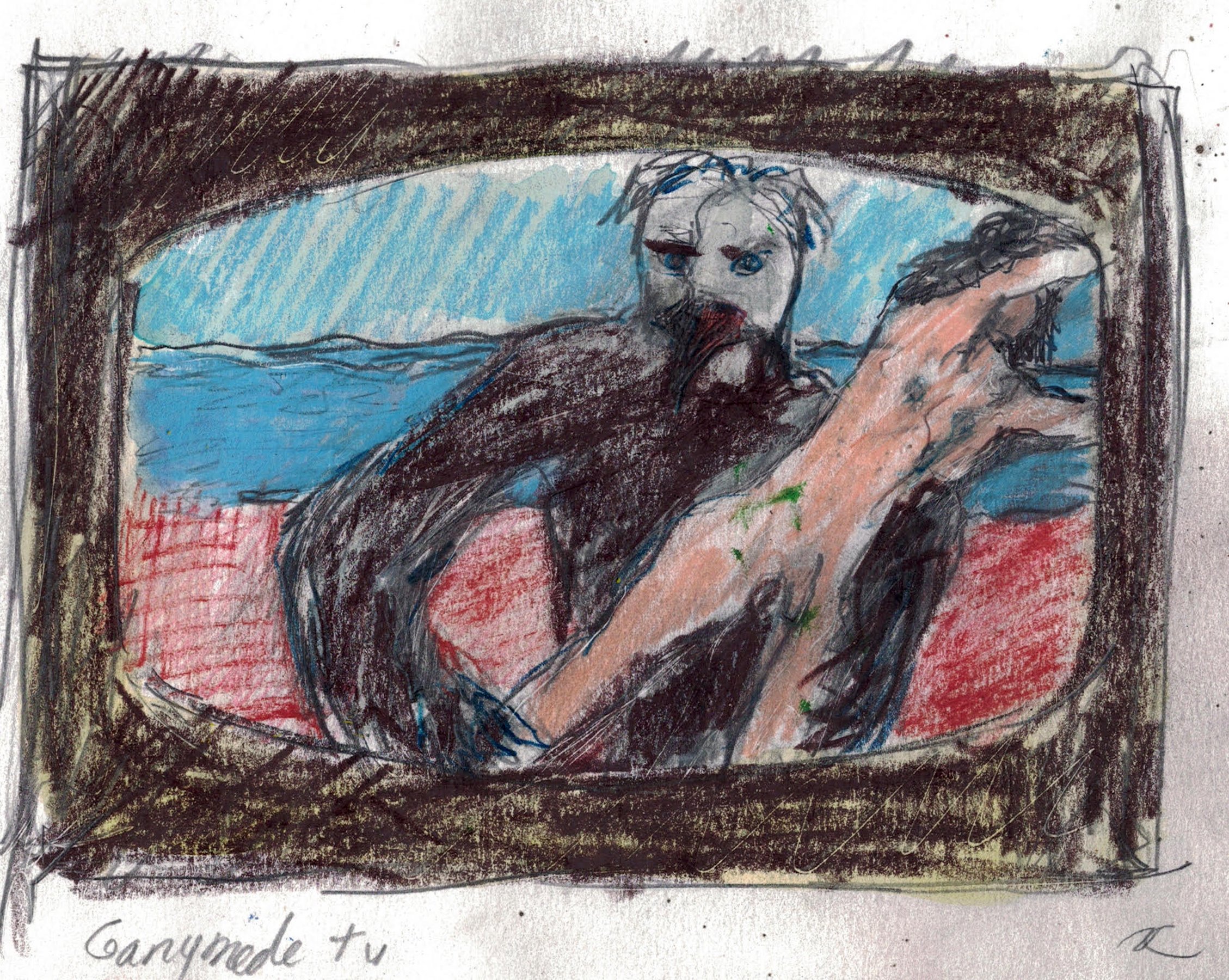 "Ganymede TV", mixed media on paper, 6 x 8 inches, 2025