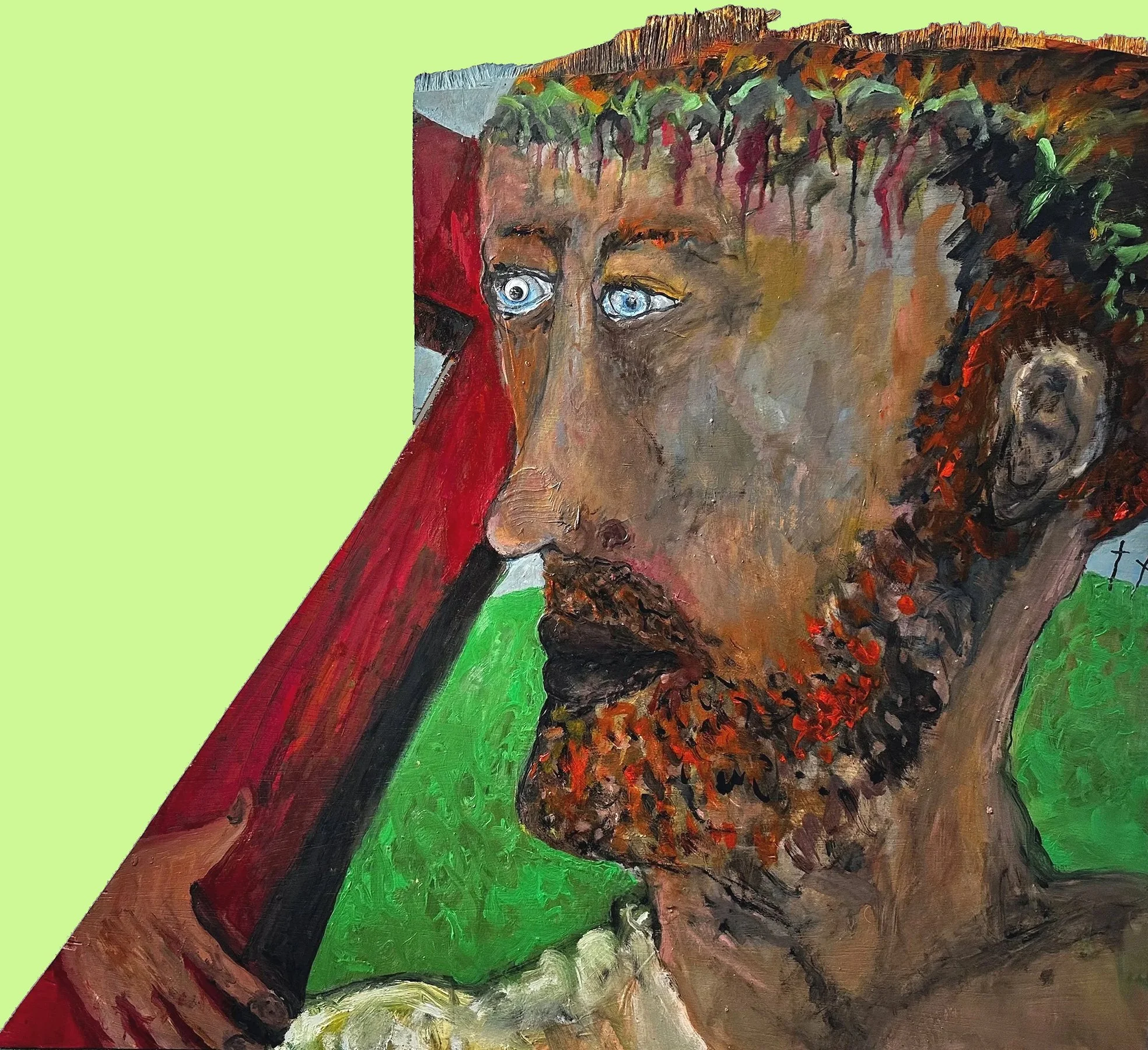 "Road to Calvary/Golgotha", oil on plywood fragment, 25 x 28 inches, 2023-2024