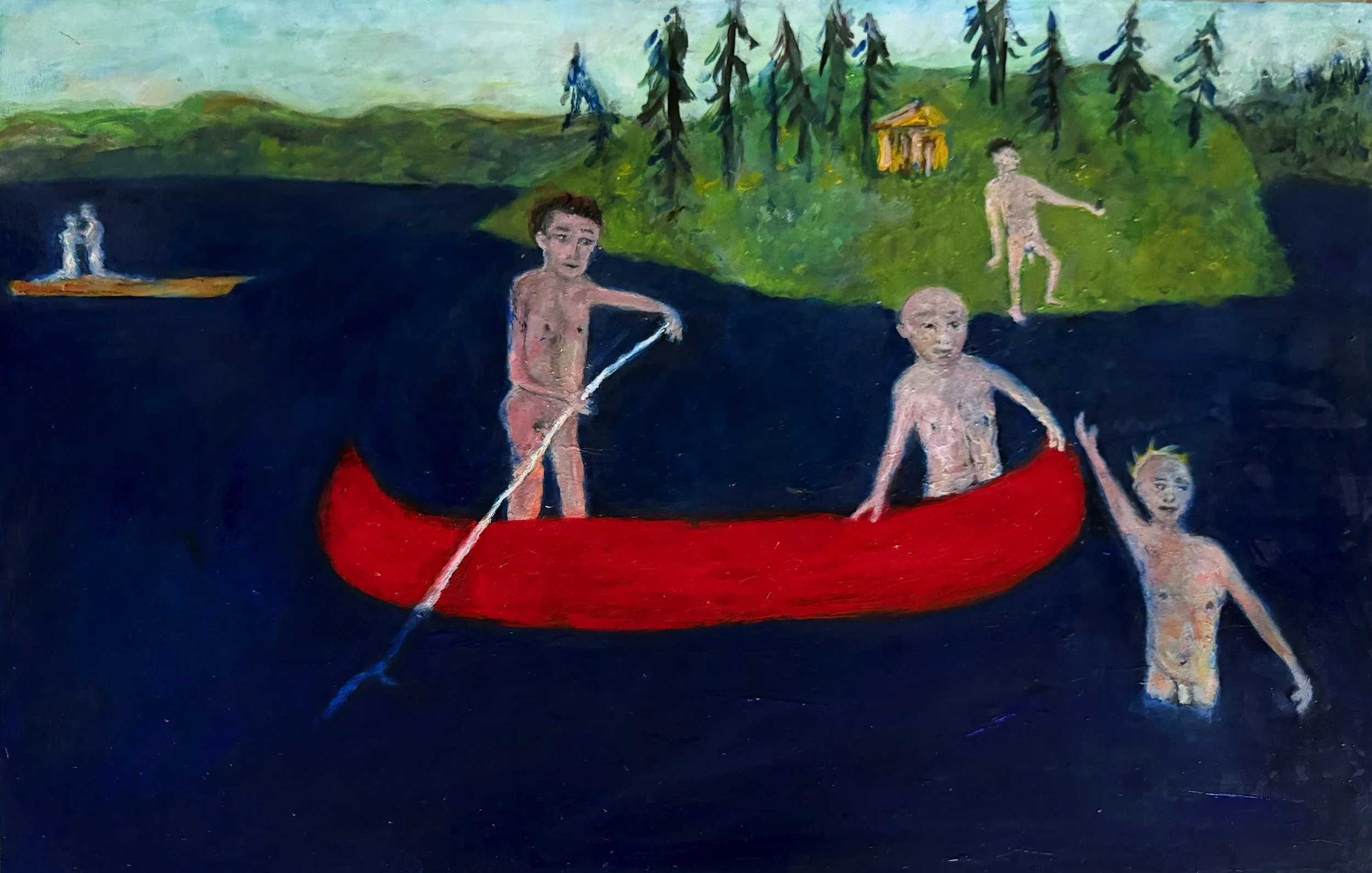"Camp Cabinaki Farewell", oil on wood, 24 x 36 inches, 2023