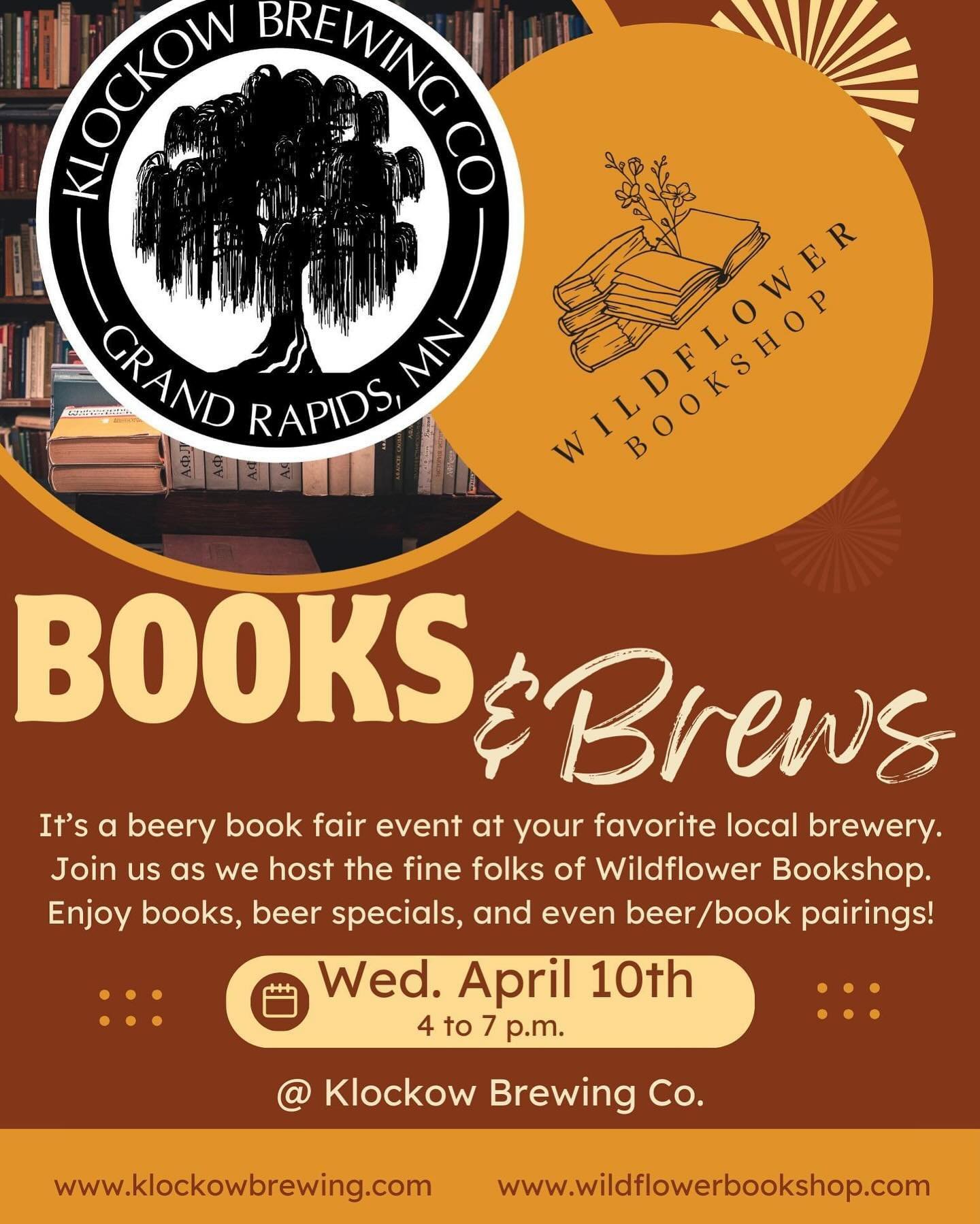 Books &amp; Brews is tomorrow, Wednesday April 10! Our friends at @wildflowerbookshop will be here with plenty of books to buy while we supply the beer. Come find out what beer pairs best with each genre, and get a closer look at the literary referen