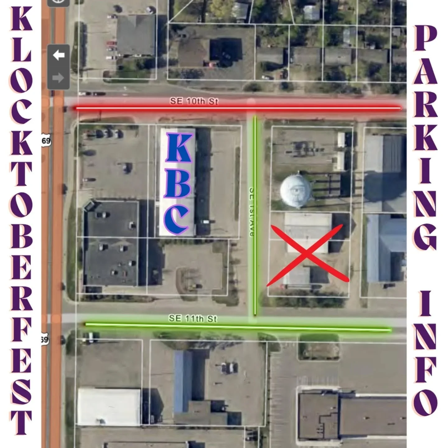 Parking info for Klocktoberfest! Parking is TIGHT so please carpool if you can! Diagonal nose in parking along the dirt road on both sides, street parking along SE 11th St (don't block the fire department driveways), and please refrain from parking a