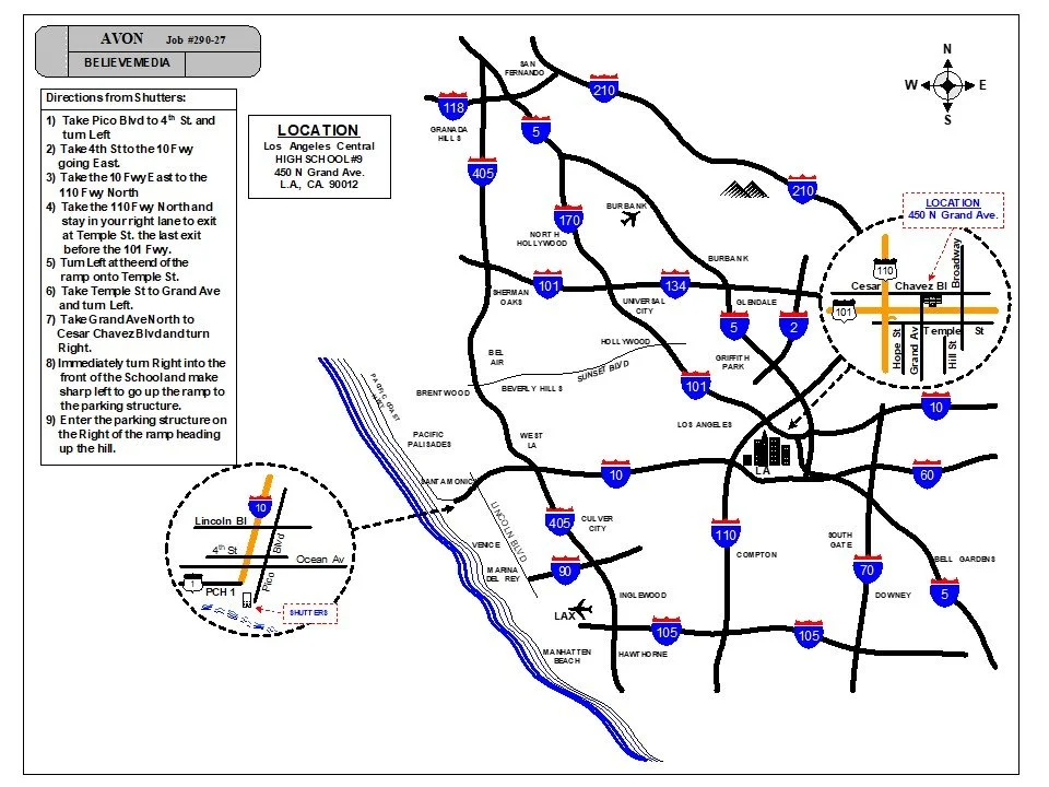 Map of Los Angeles area showing driving directions from a location near Lincoln Boulevard to a location on Grand Avenue, with multiple highways and landmarks marked, including a zoomed-in section of Lincoln Boulevard and 4th Street with nearby shuttles.