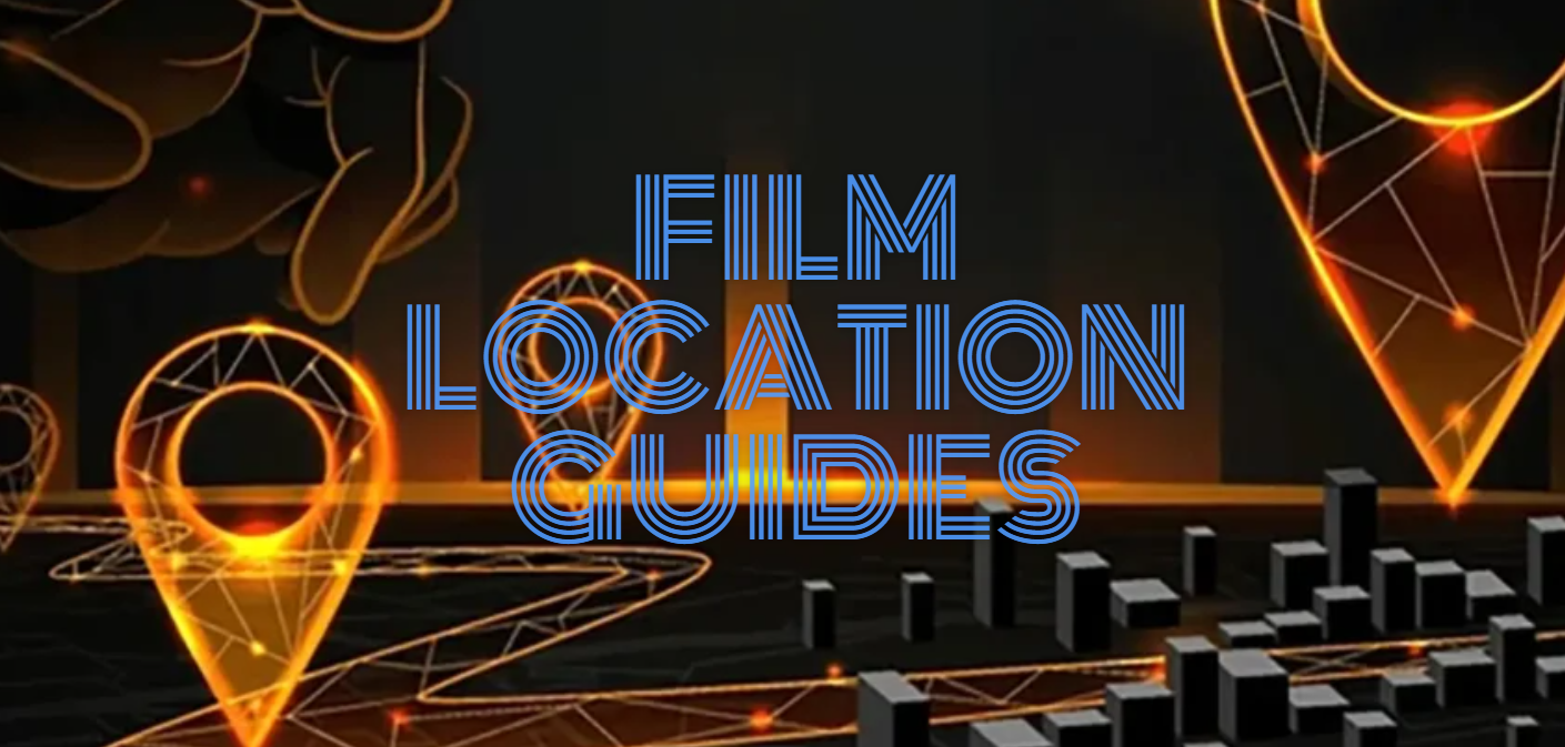 Digital graphic with illuminated orange location pins, interconnected lines, and a 3D cityscape, overlaid with blue text reading 'Film Location Guides.'