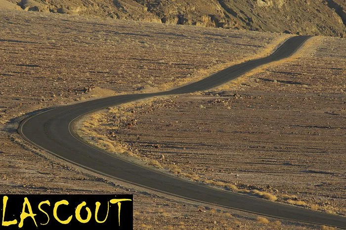 A winding road in a desert landscape with sparse vegetation and rocky terrain.