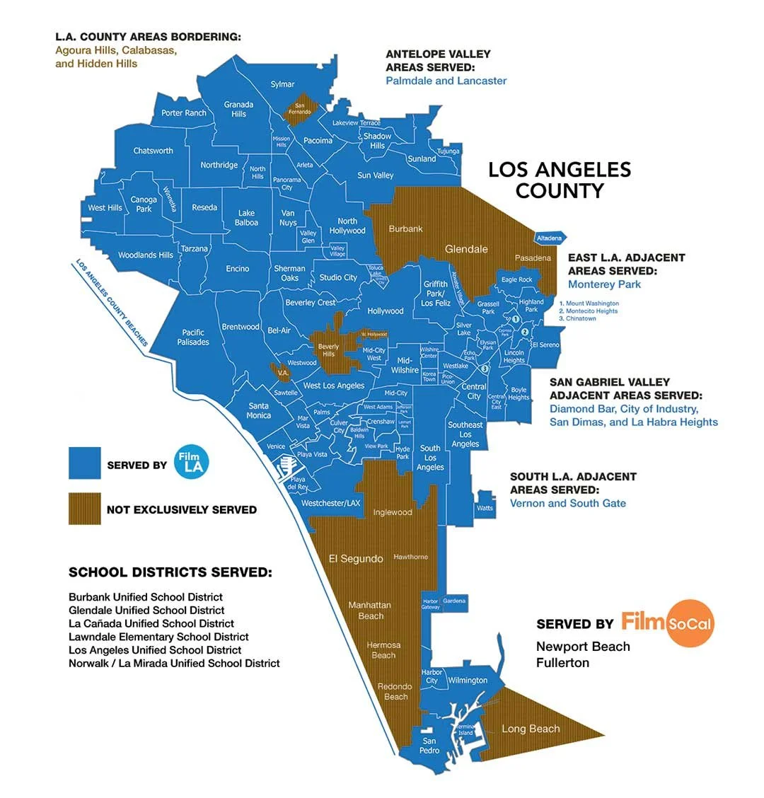 Map of Los Angeles County showing areas served and not exclusively served by Film LA, with color-coded regions and annotations of school districts and adjacent areas.