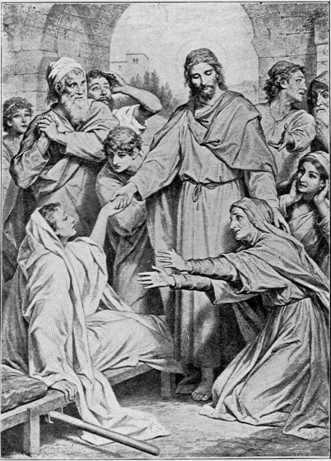 Hofmann, Plate 72, has illustrated the raising of the widow of Nain's son, as graphically as Luke has told it, in chapter 7, verses 11 to 16. "Every one was awe-struck and began praising God." Source: Project Gutenberg's The Great Painters' Gospel, by Henry Turner Bailey