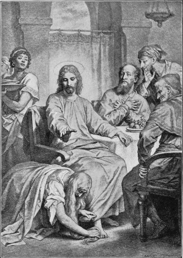 Hofmann, Plate 75, shows the self-righteous Pharisee, with his hypocritical friends, more graphically than either of the other artists. His keen insight into character is reflected from every face. Hofmann, above many others, is true to the account, and true to human nature. "Thy sins are forgiven," Jesus is saying. (Verse 48). Source: Project Gutenberg's The Great Painters' Gospel, by Henry Turner Bailey