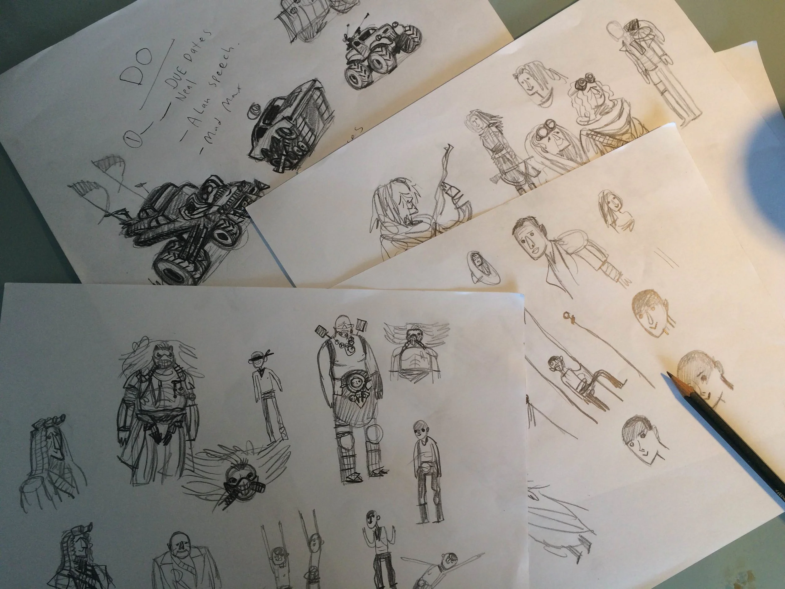 FIRST THING TO DO was gather what images of the film I could find and take screenshots from the movie trailers. I enjoyed sketching those hot rods. Geez louise. I sketched them all over this paper here. Check it out…