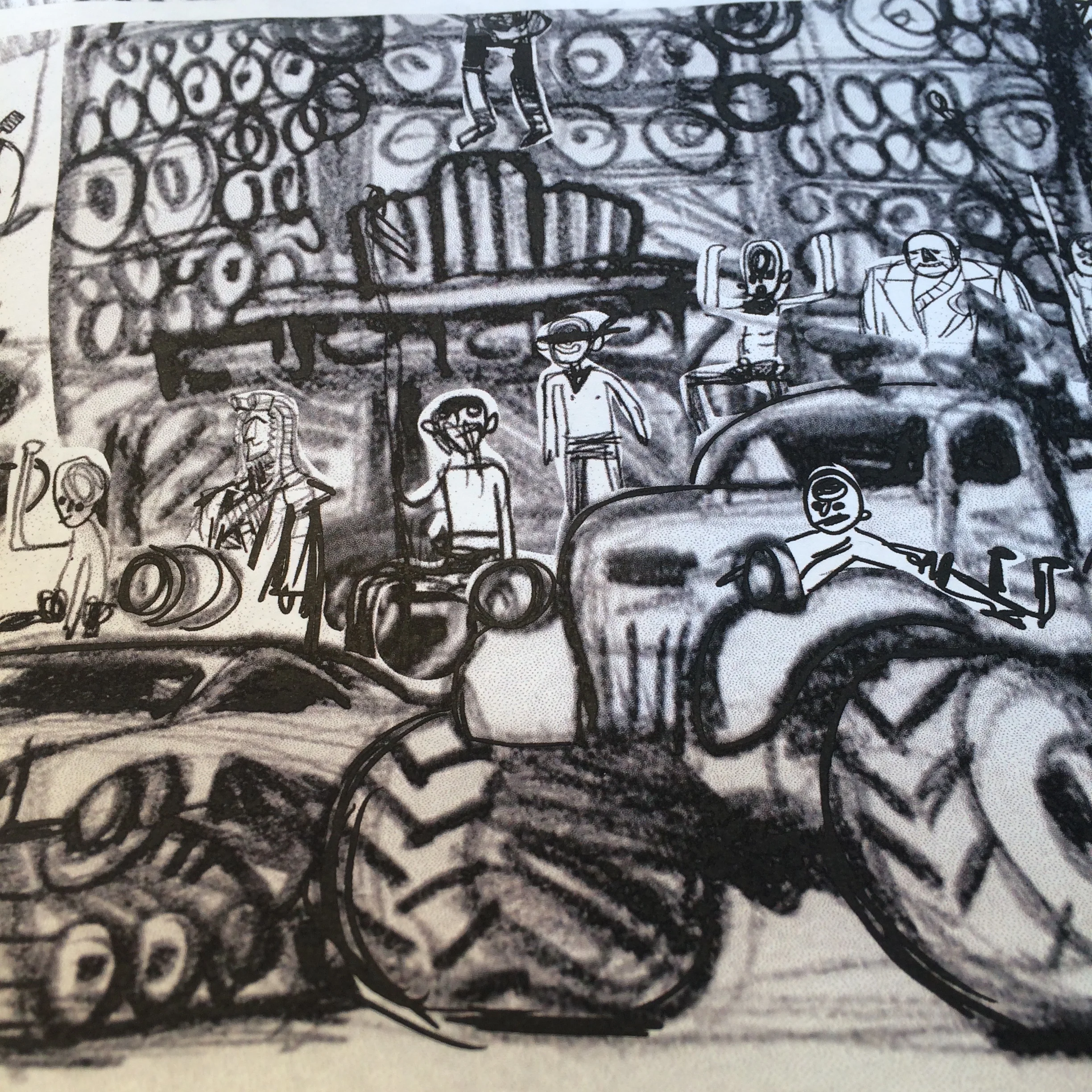 I scanned all these little sketches into the computer, cut them up and moved them around in photoshop to make a sweet little composition. Most everyone just stood there looking pleased, but the War Boys had to be having a real good time. SO i made them having just a blast all over the place. They looked like they really enjoyed being War Boys in the movie didn’t they?