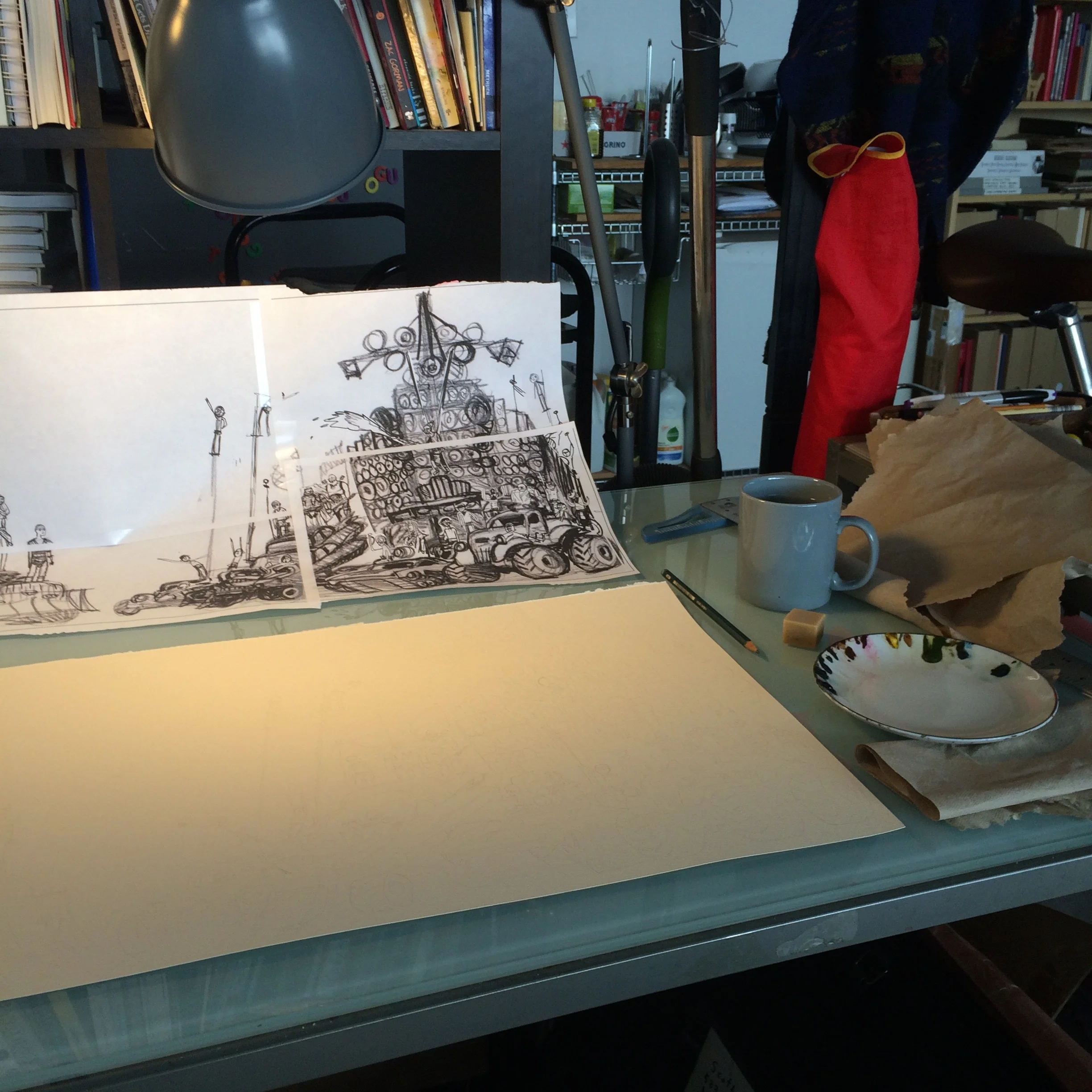 I printed the drawing out in pieces and taped them together, so I could trace the drawing onto watercolor paper.