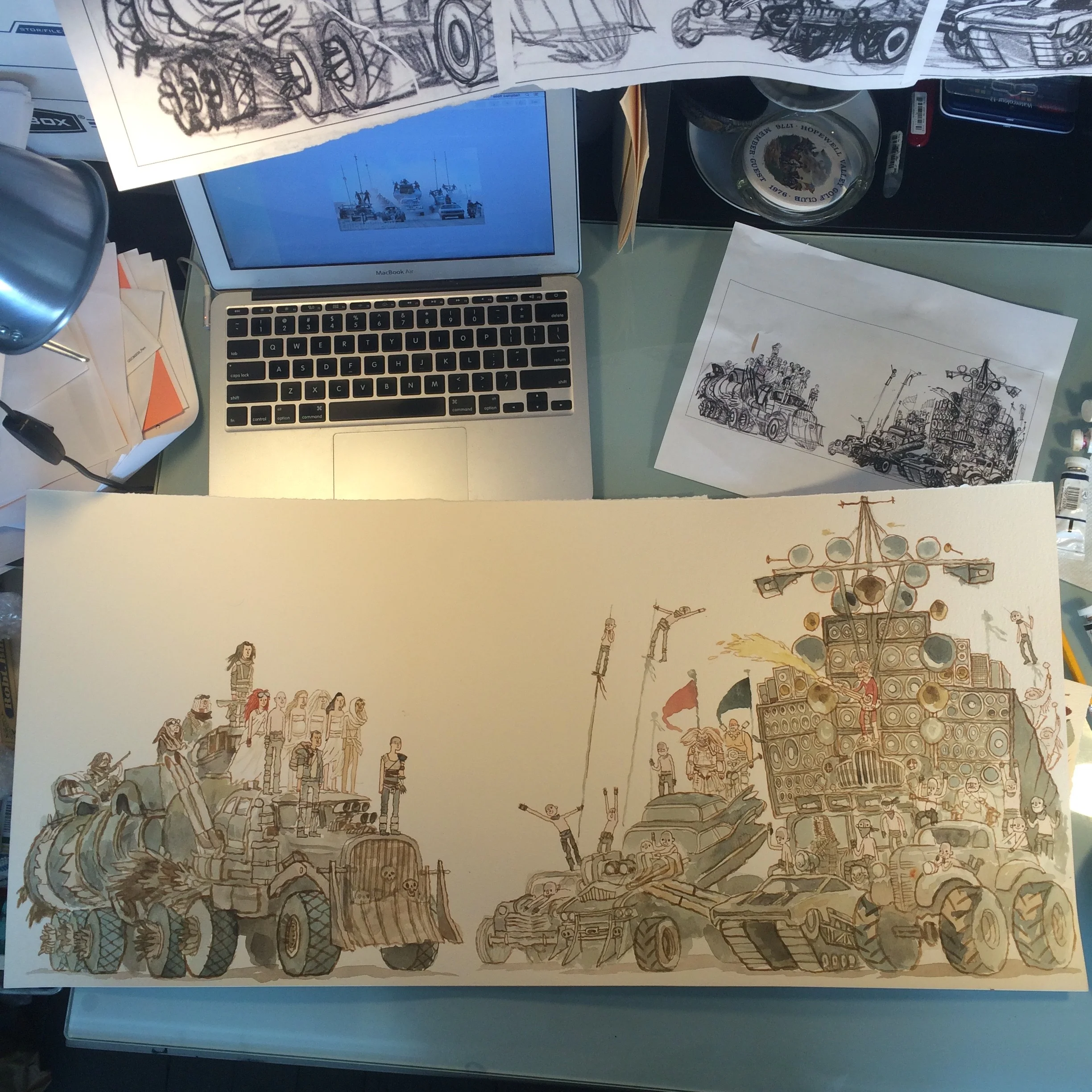 All the lines are in. Now i go back and punch up the values. Make everything contrast nicely.