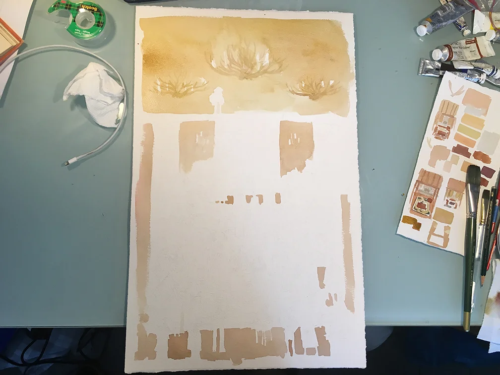 Laid in the color washes. You can see where the man in red was to perch.
