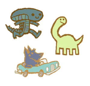 PIN PARTY PINS: “Long Neck”, ” Car Dog”, “Alien On The Go” – $10 each