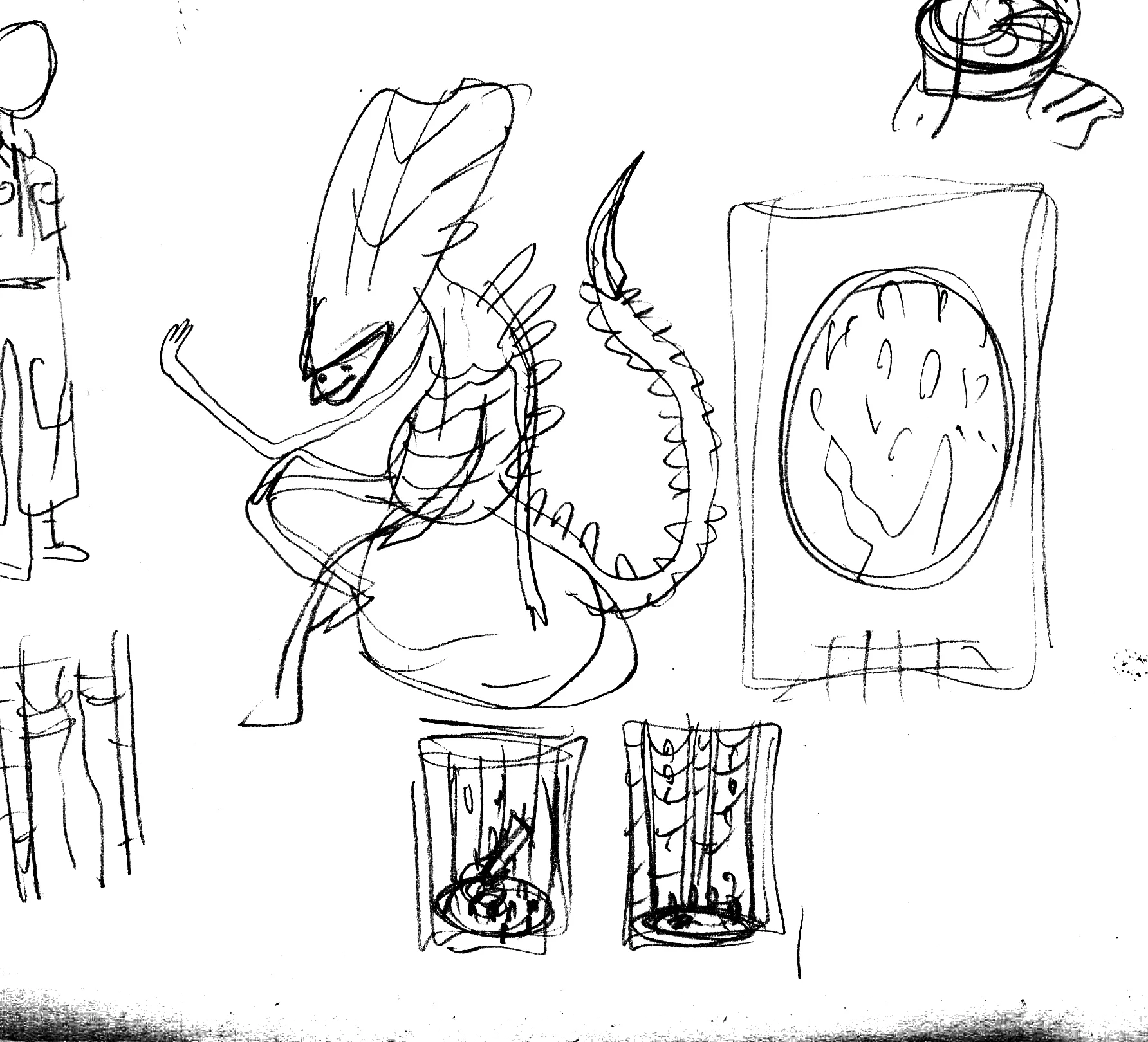 Here you can see the various thumbnails for the entire piece. I knew i wanted to have a lot of aliens hanging about together. I toyed with having them all in that big gun room and all over the egg in the movie poster. The egg won the idea battle.
