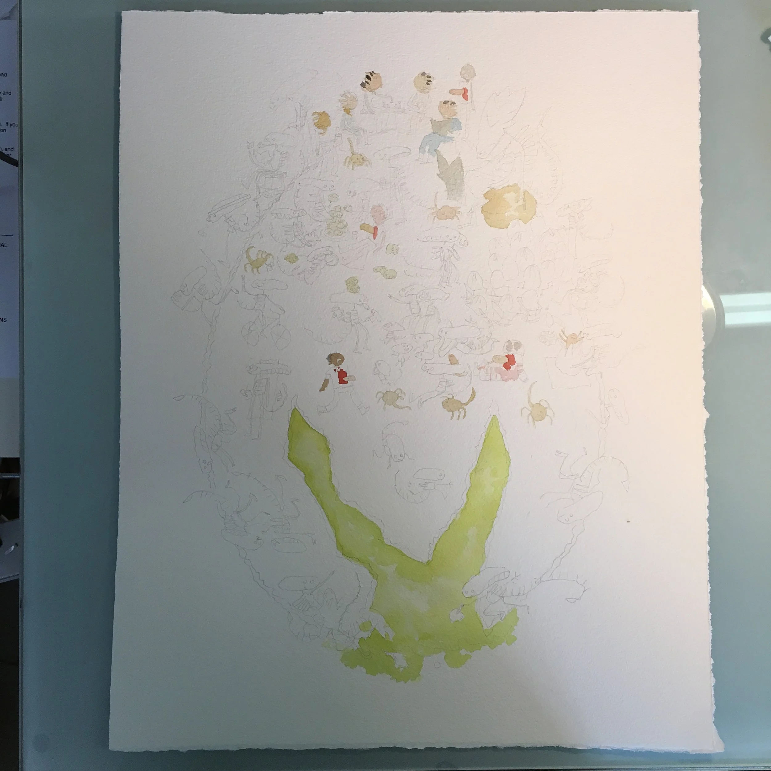 Printed out the drawing and traced it onto watercolor and started with the skins as usual! My superstitious start to all paintings.
