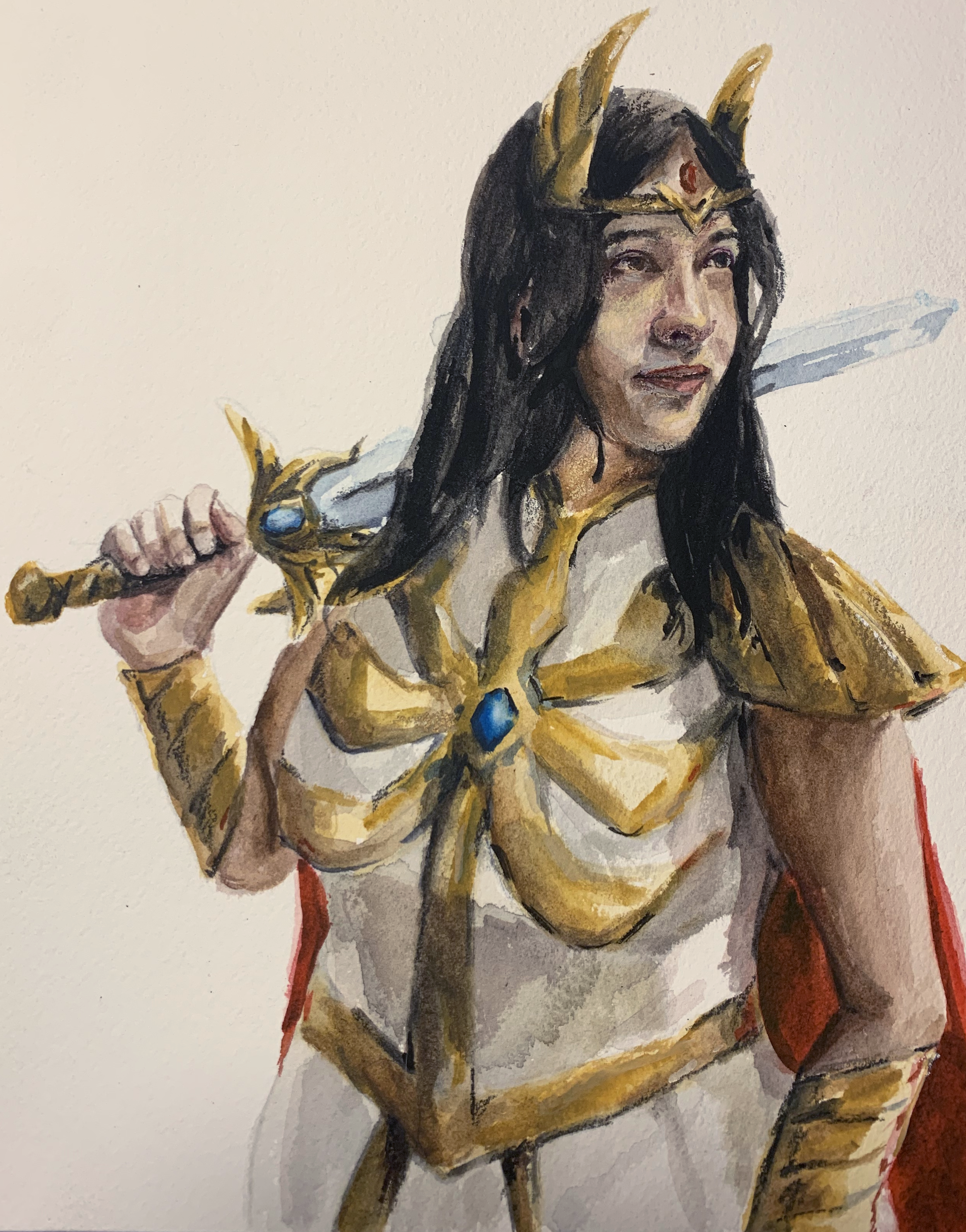 Painting of a person in golden armor with black hair, holding a sword over their shoulder, wearing a red cape.