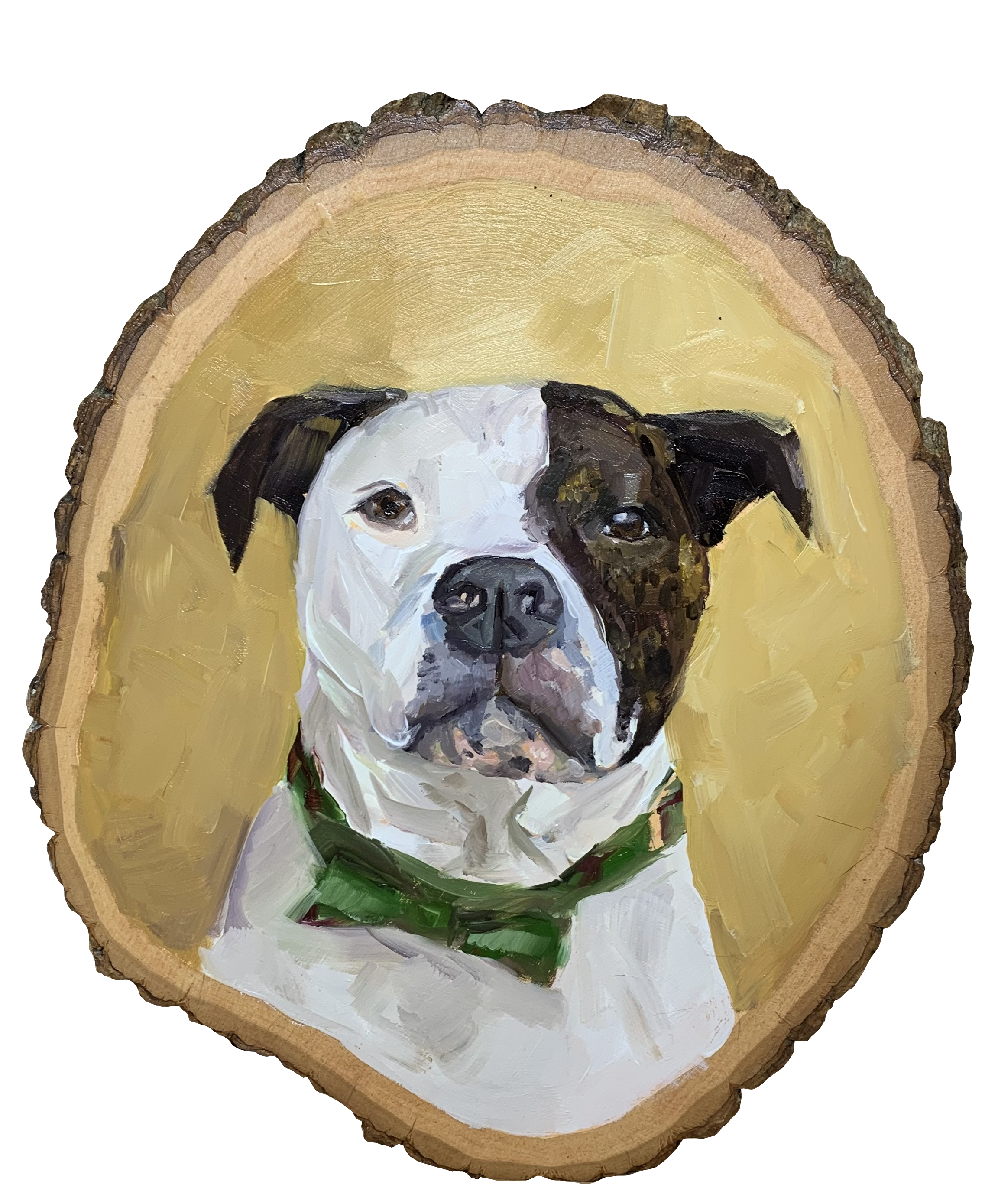 Painting of a dog with a black and white face, wearing a green collar, on a wooden slice with a yellow background.