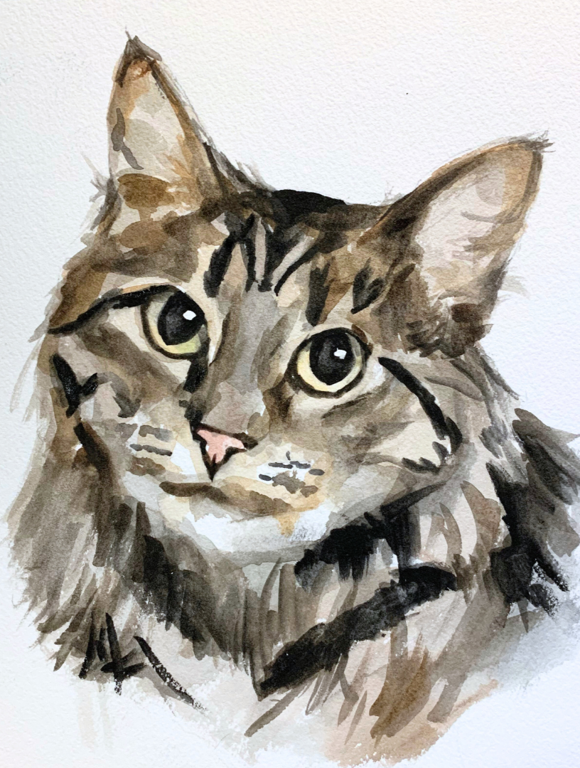 Watercolor painting of a tabby cat with green eyes, pink nose, and expressive face.