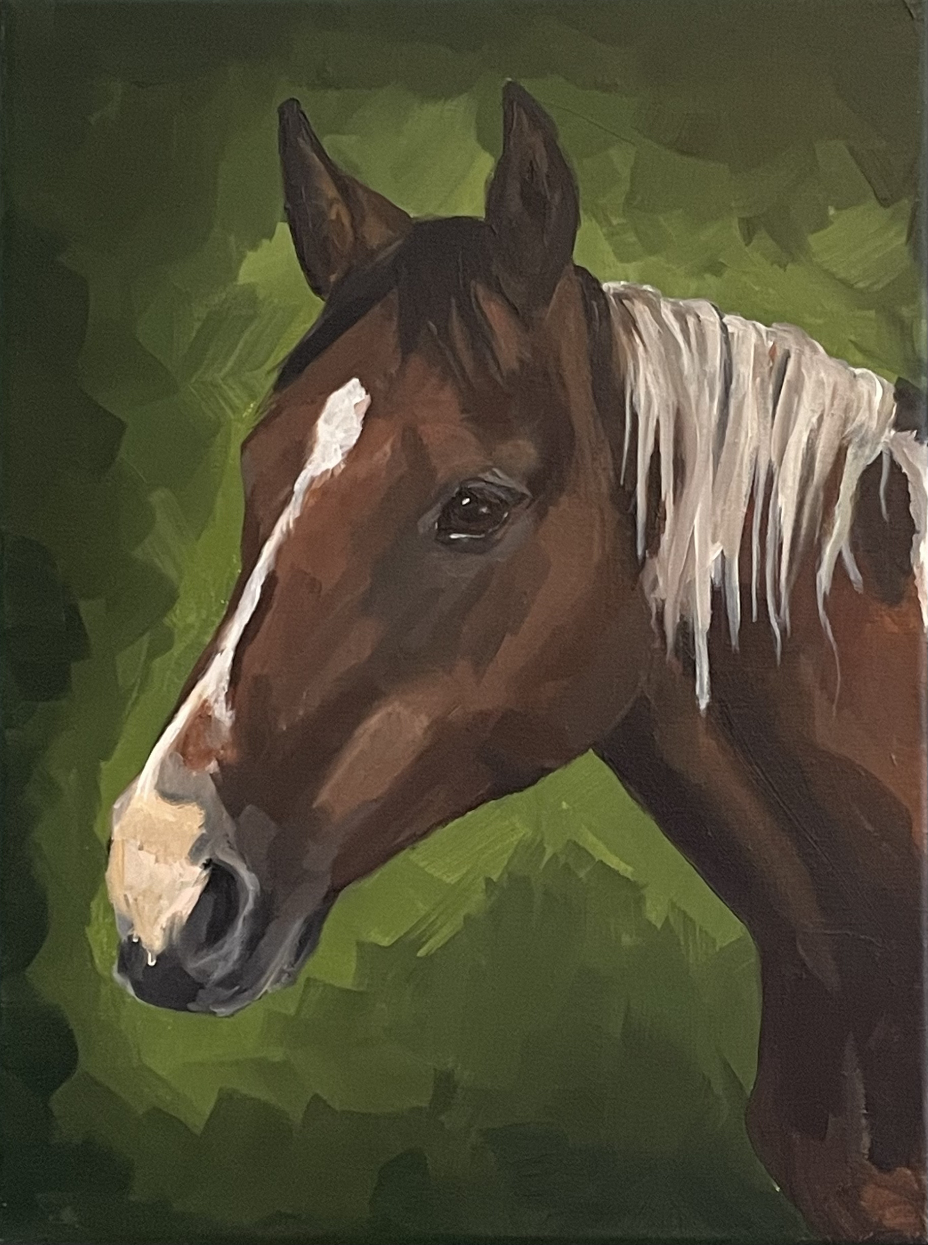 Painting of a brown horse with a white mane and a white stripe on its face, set against a green background.