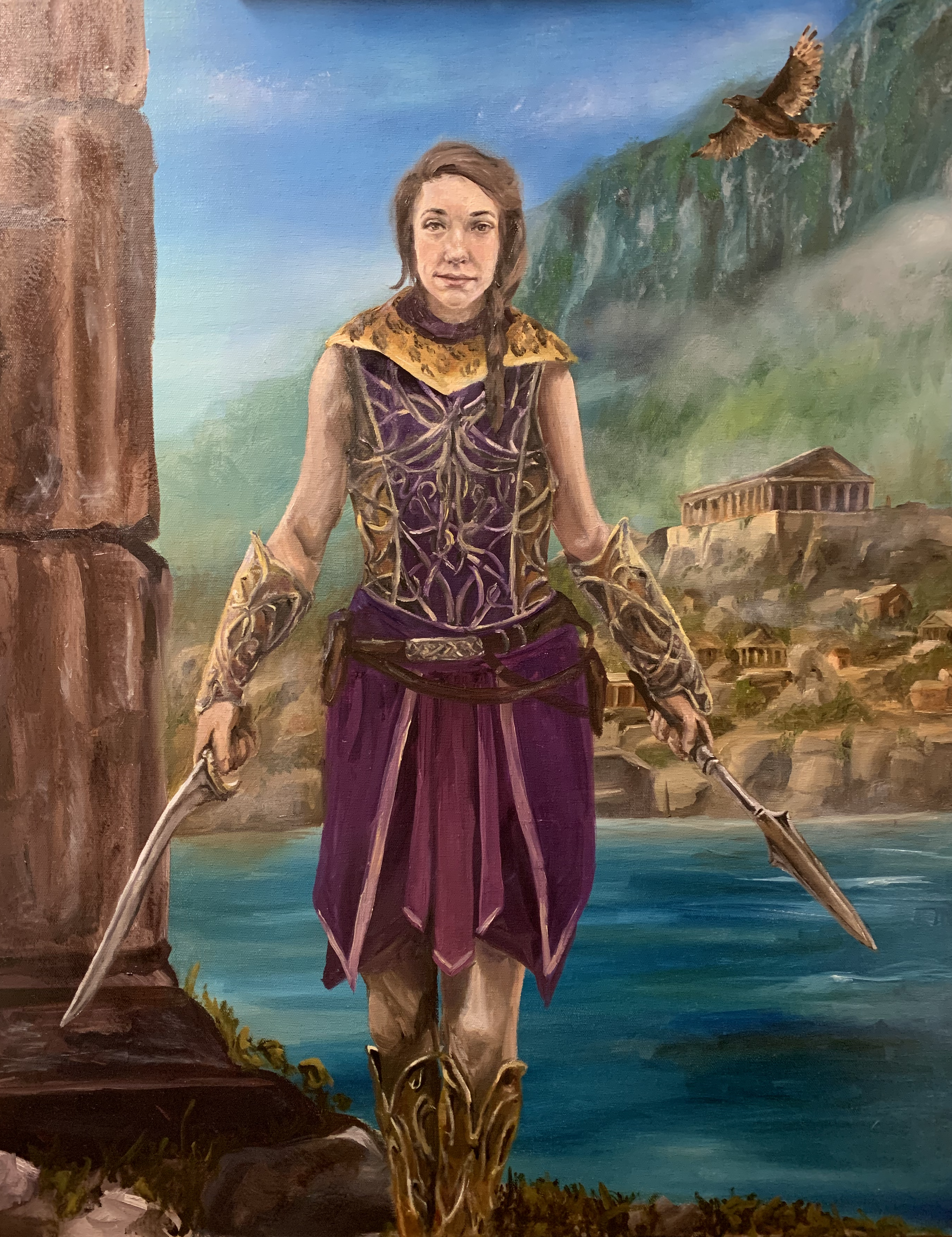 A woman in fantasy warrior attire holding two swords, standing near water with ancient Greek ruins and hills in the background.
