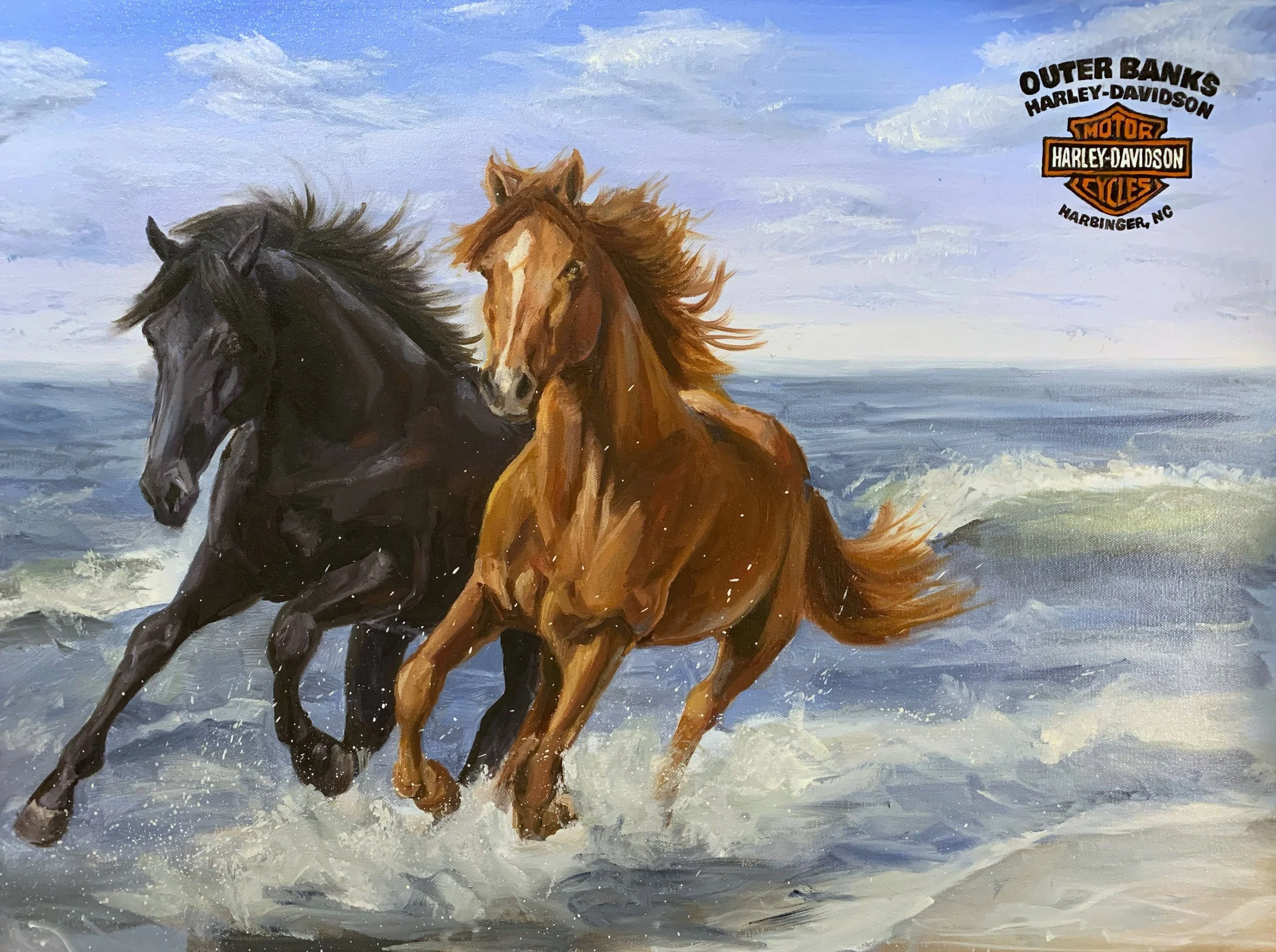 Painting of two horses running through the ocean, one black and one brown, with a cloudy sky above and a logo for Outer Banks Harley-Davidson in the top right corner.