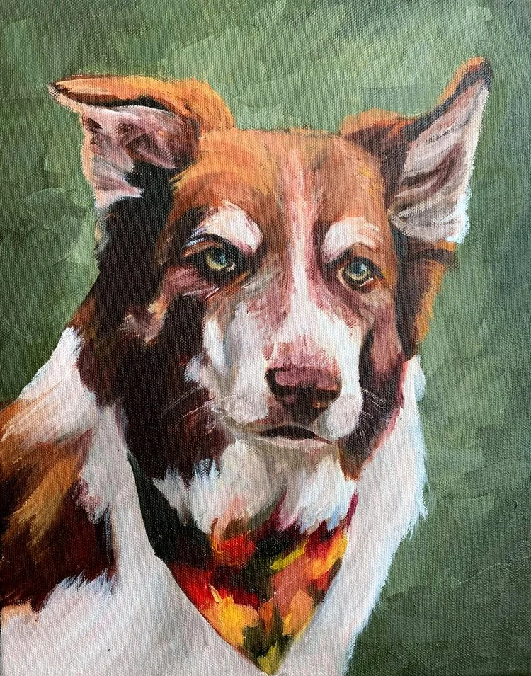 Painting of a Border Collie dog with a colorful bandana, set against a green background.