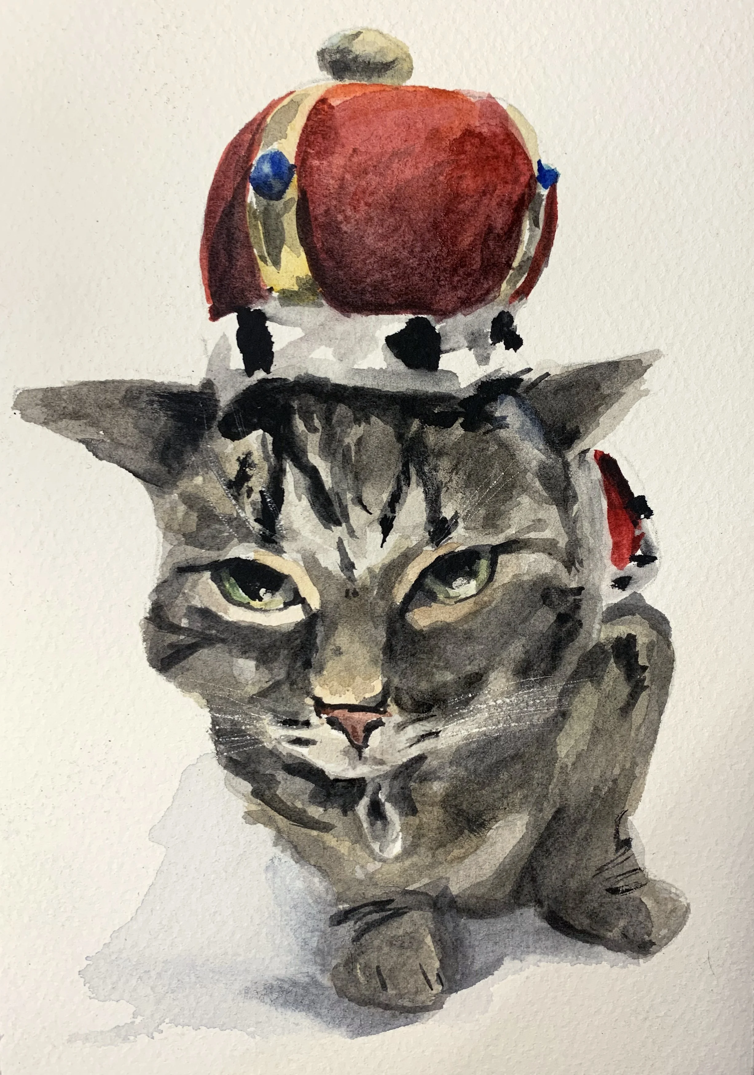 Watercolor painting of a gray tabby cat with green eyes, wearing a red collar, with a red crown on its head.