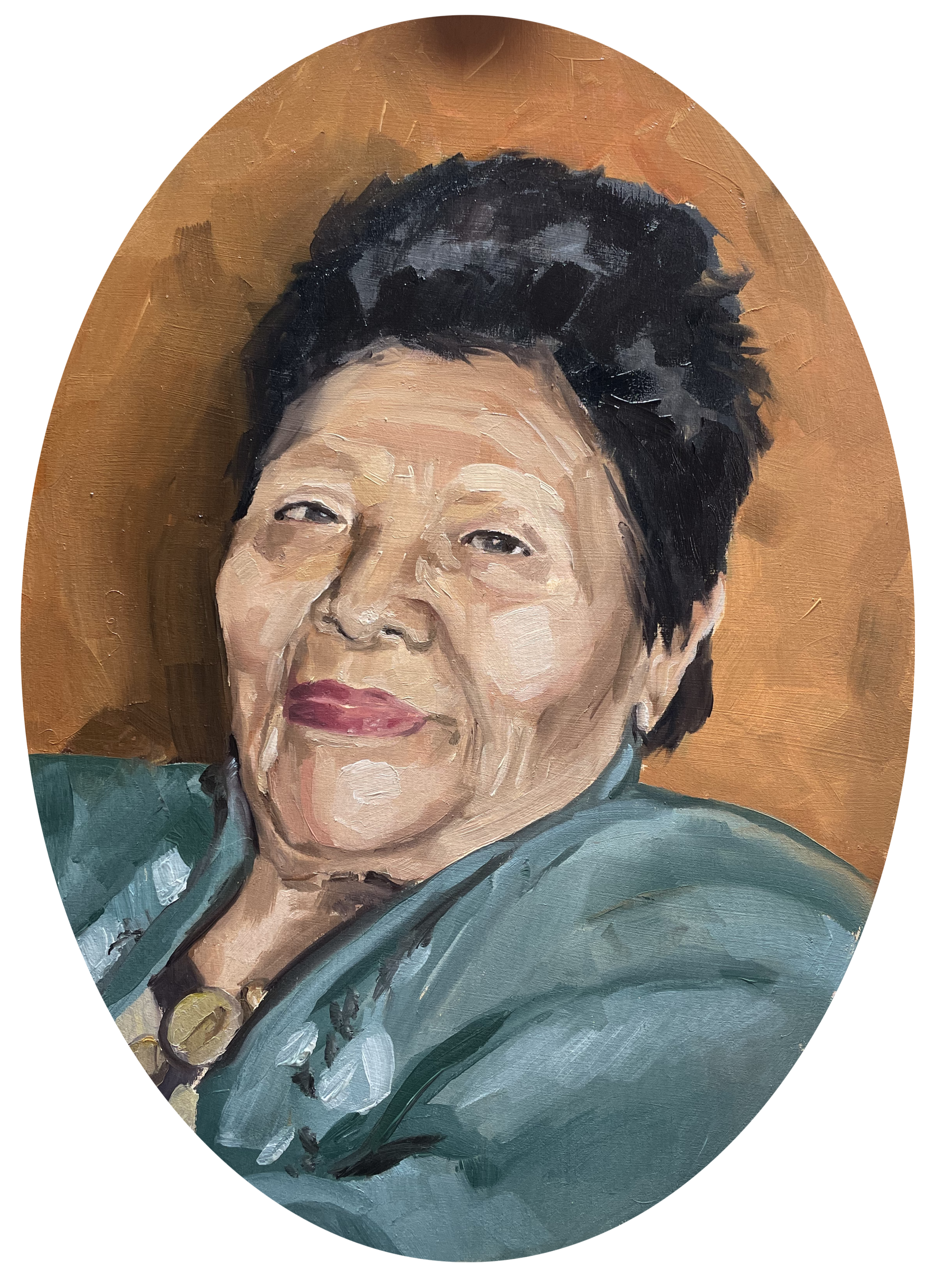 A painted portrait of an elderly woman with short, dark hair, wearing a green clothing and a gold necklace, set against a brown background.