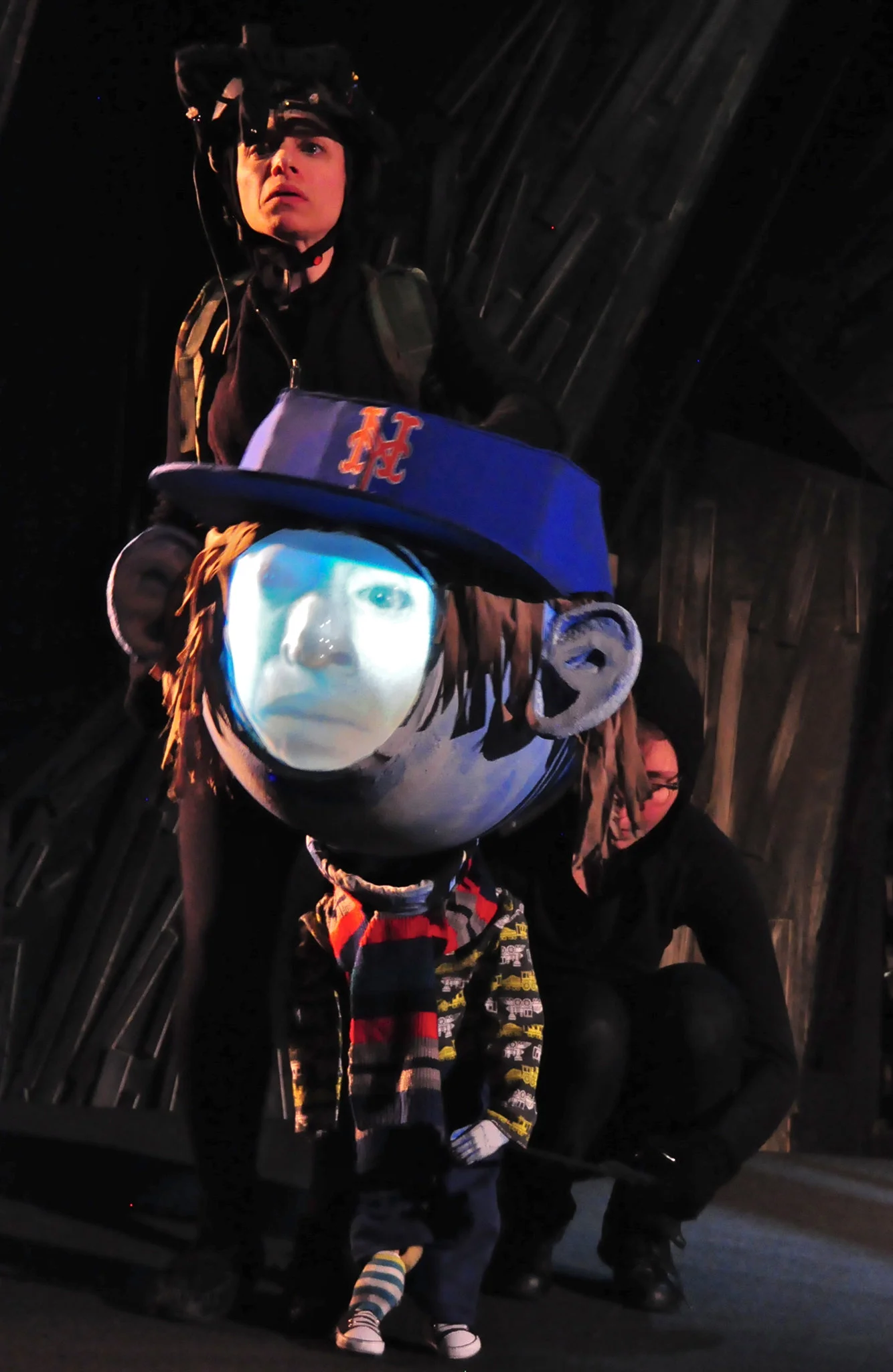 Caroline Tamas, standing, and Claire Moodey with a puppet in this play at Voorhees Theater. Credit: Andrew Puccio