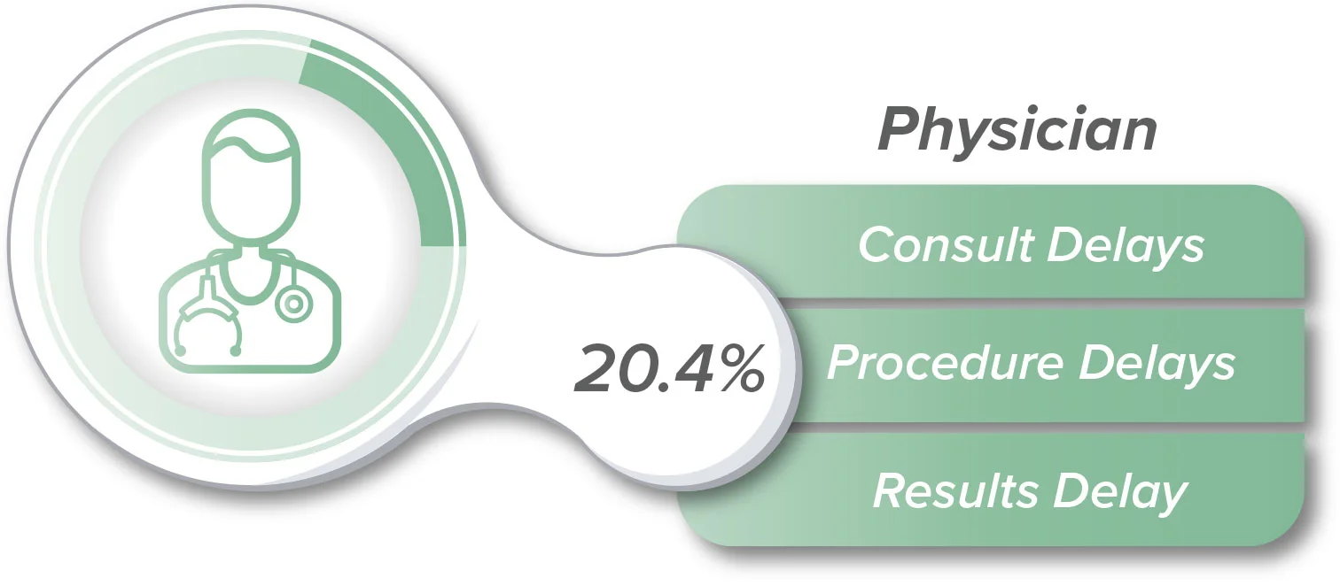 Physician delays include consult delays, procedure delays, and results delays.