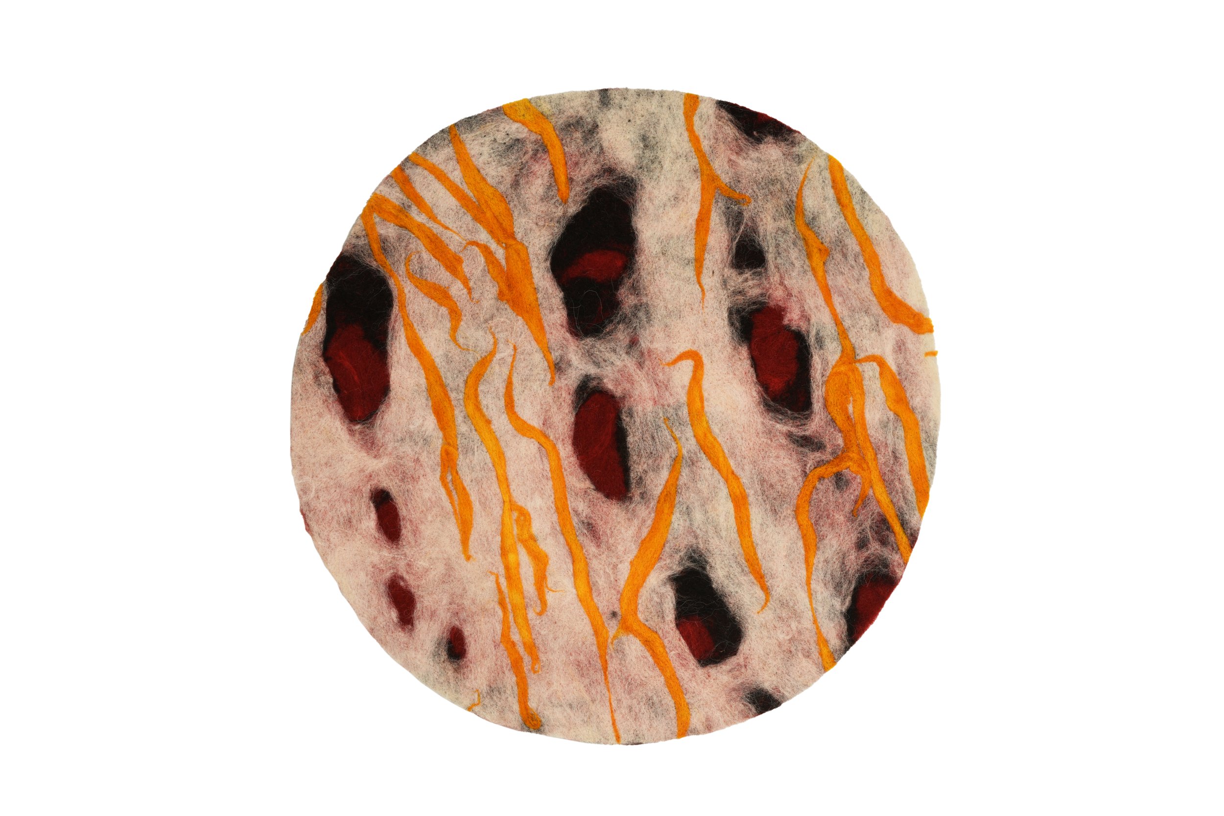 "fagradalsfjall" Dyed and felted Icelandic wool  30” DIA  2024