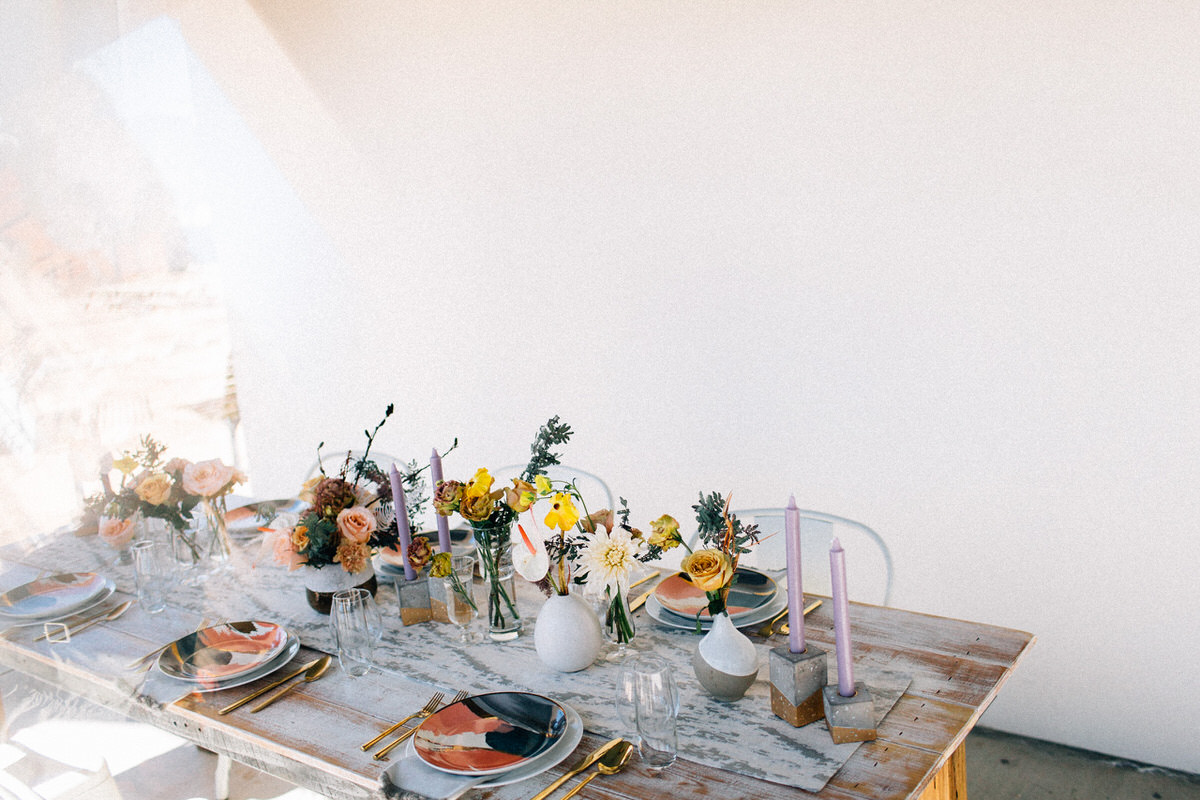 palm springs joshua tree elopement wedding styled shoot fuck yeah weddings feminist photo vaycay kendall lauren shea floral arrangement table arch alter lesbian lgbtq couple of color