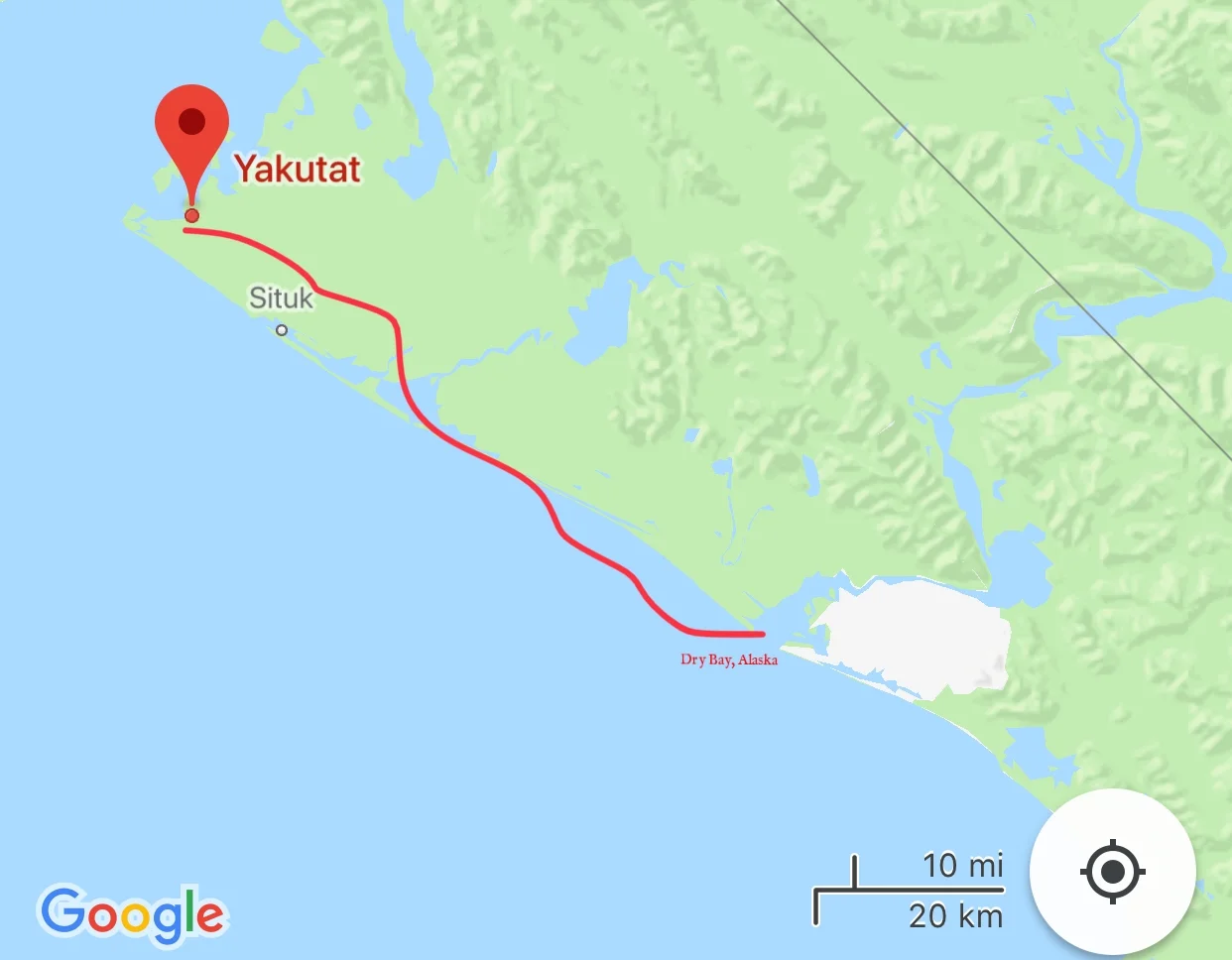 The route we took along the Alaskan coast so that we could meet up with our Air North plane.