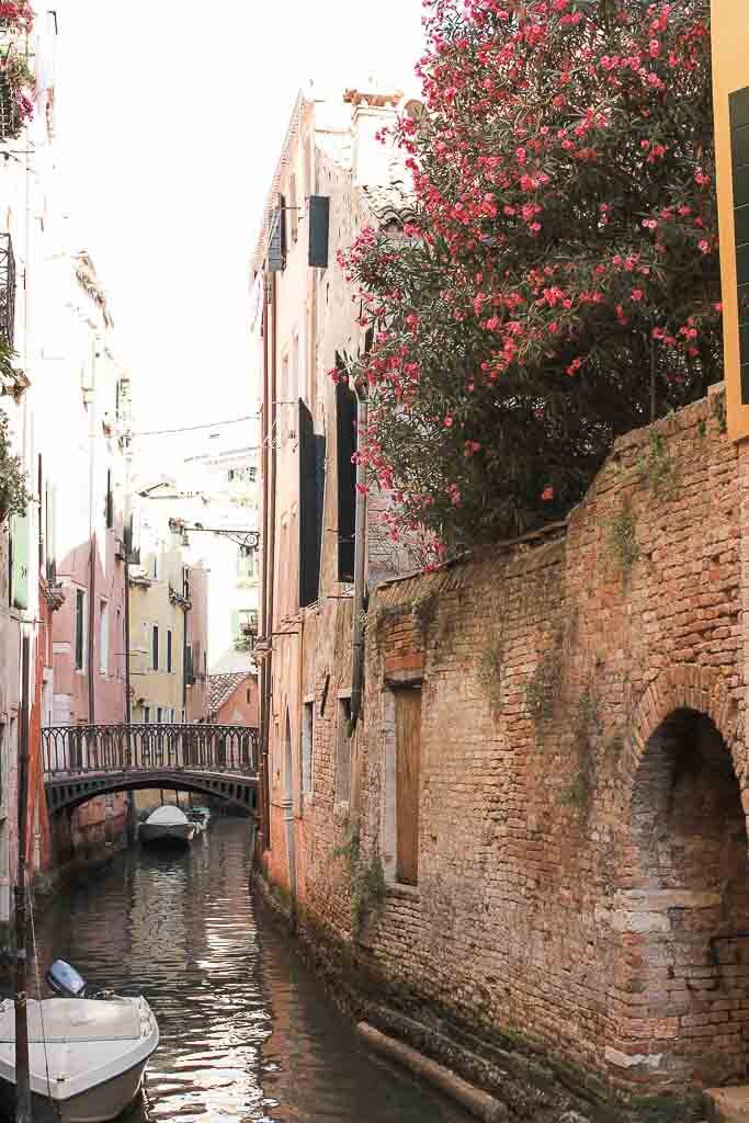 venice canal waterway with old world buildings and luscious hanging florals